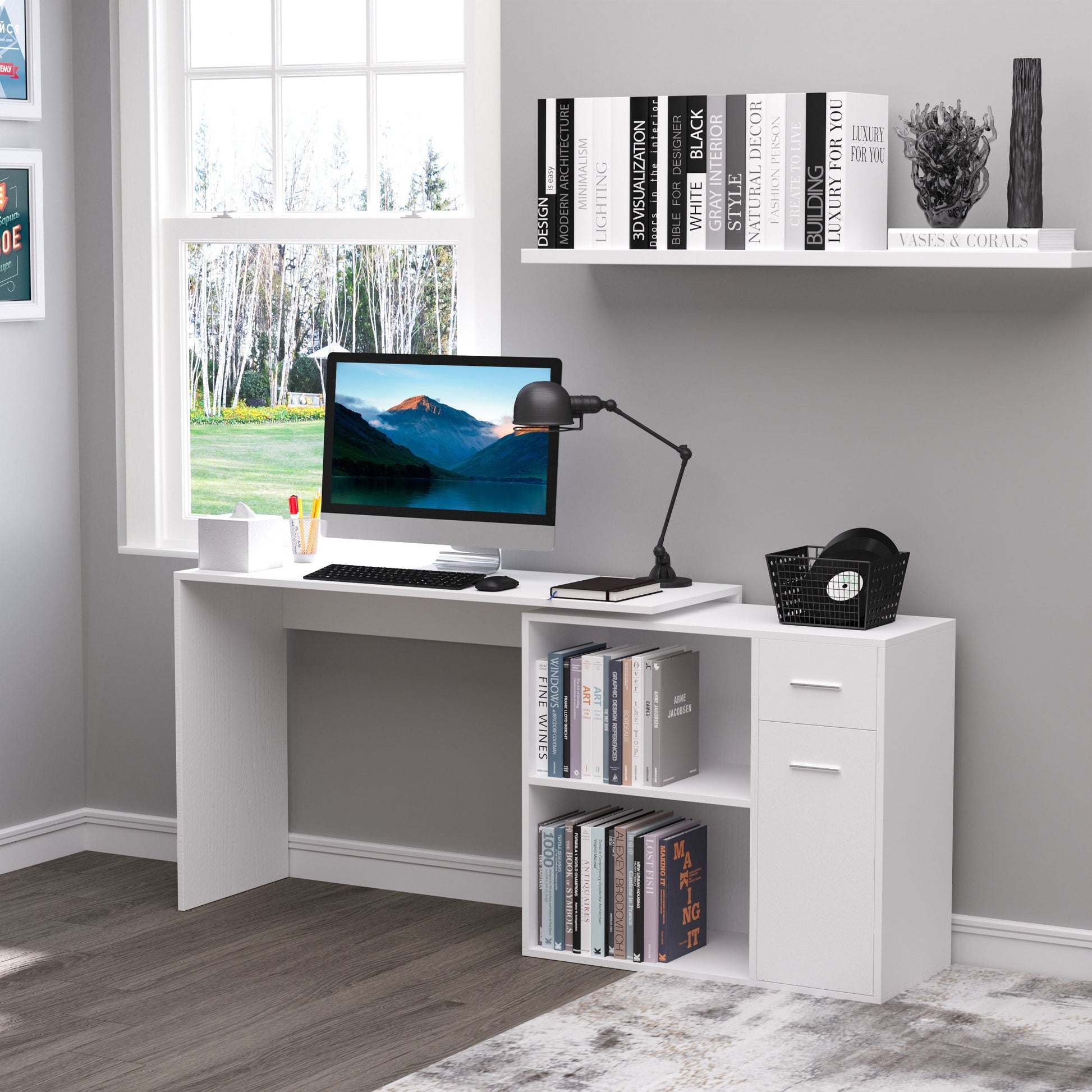 Corner Desk / Standard Desk with removable drawers and 360 ° White Shelf - Borgè