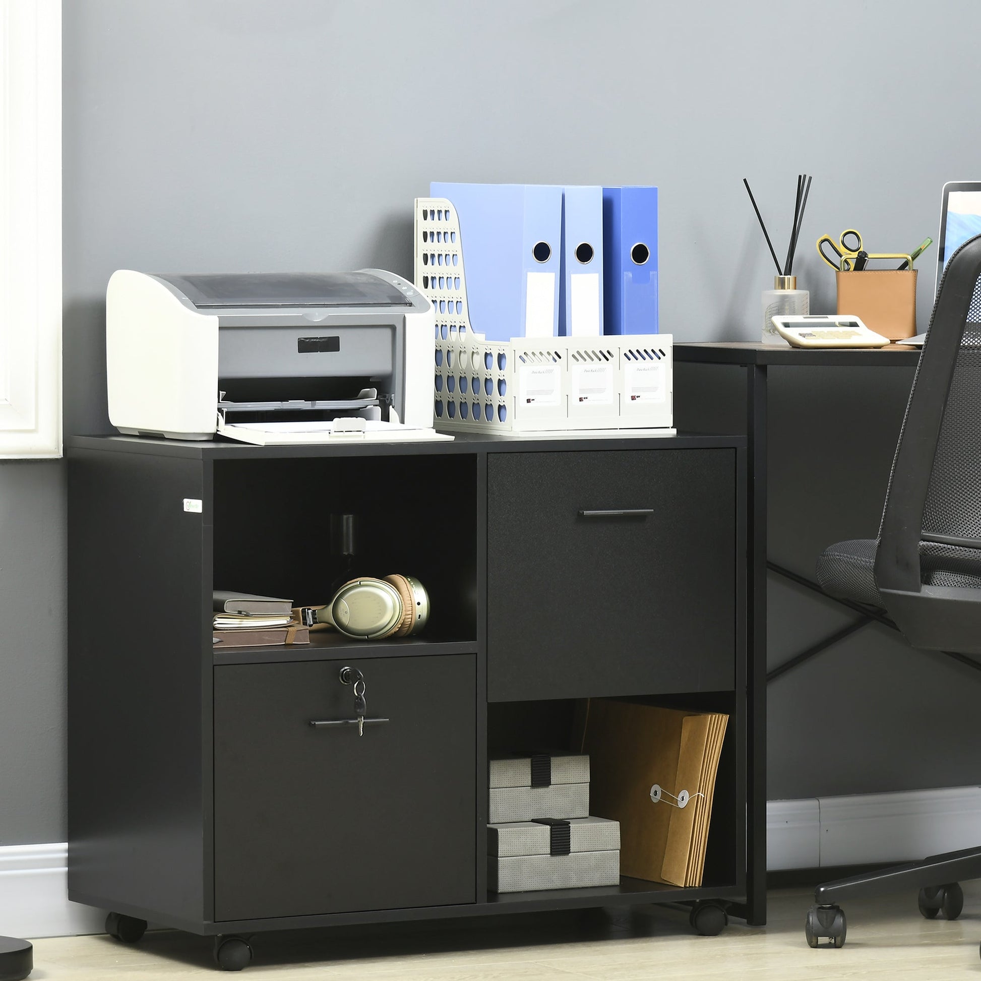 Cabinet for Office with 2 Drawers for Documents and Shelves, Wheels with Lock, 80x40x66cm, Black - Borgè