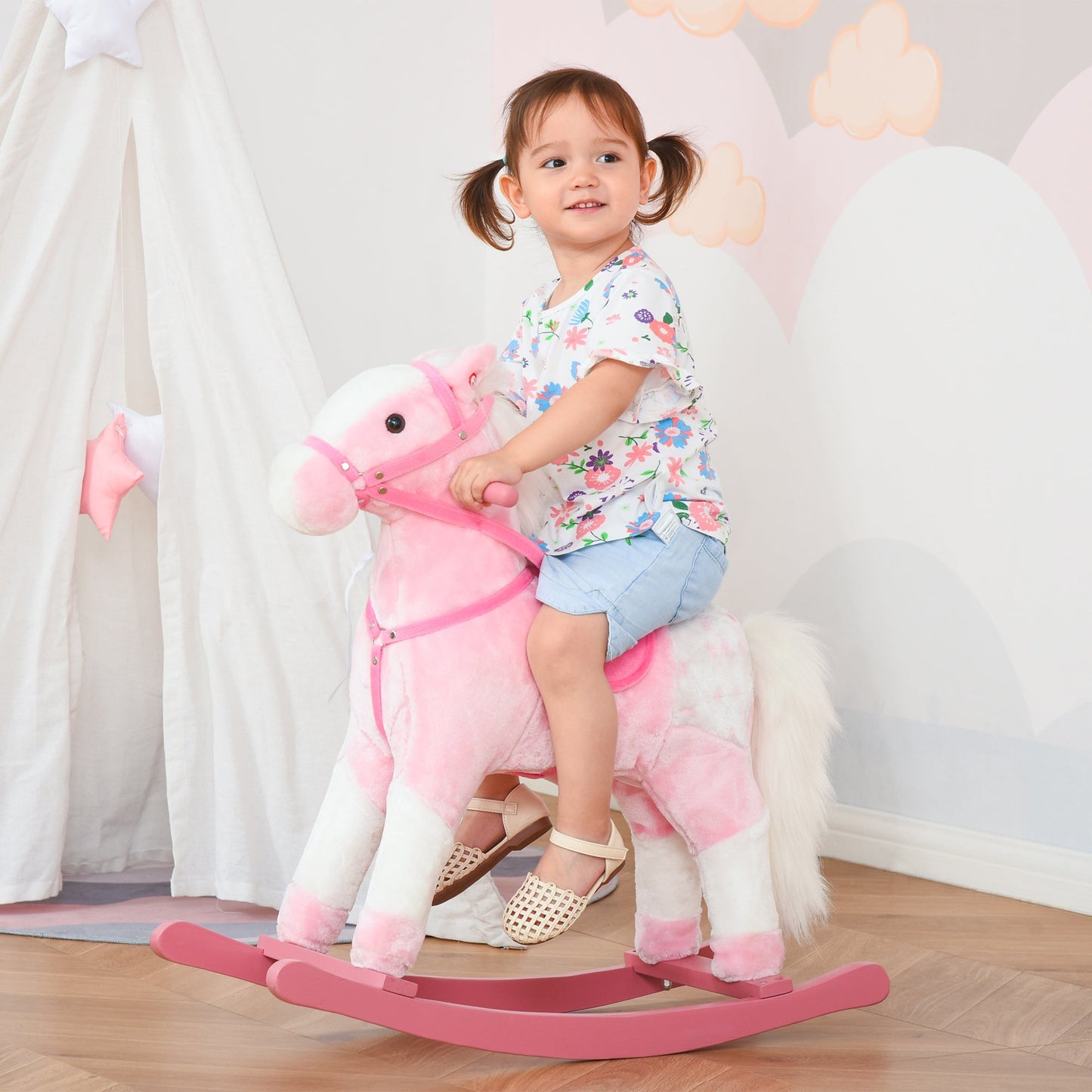 Homcom wooden horse in wood with animal sound toy gift for children 74 x 28 x 65cm pink - Borgè