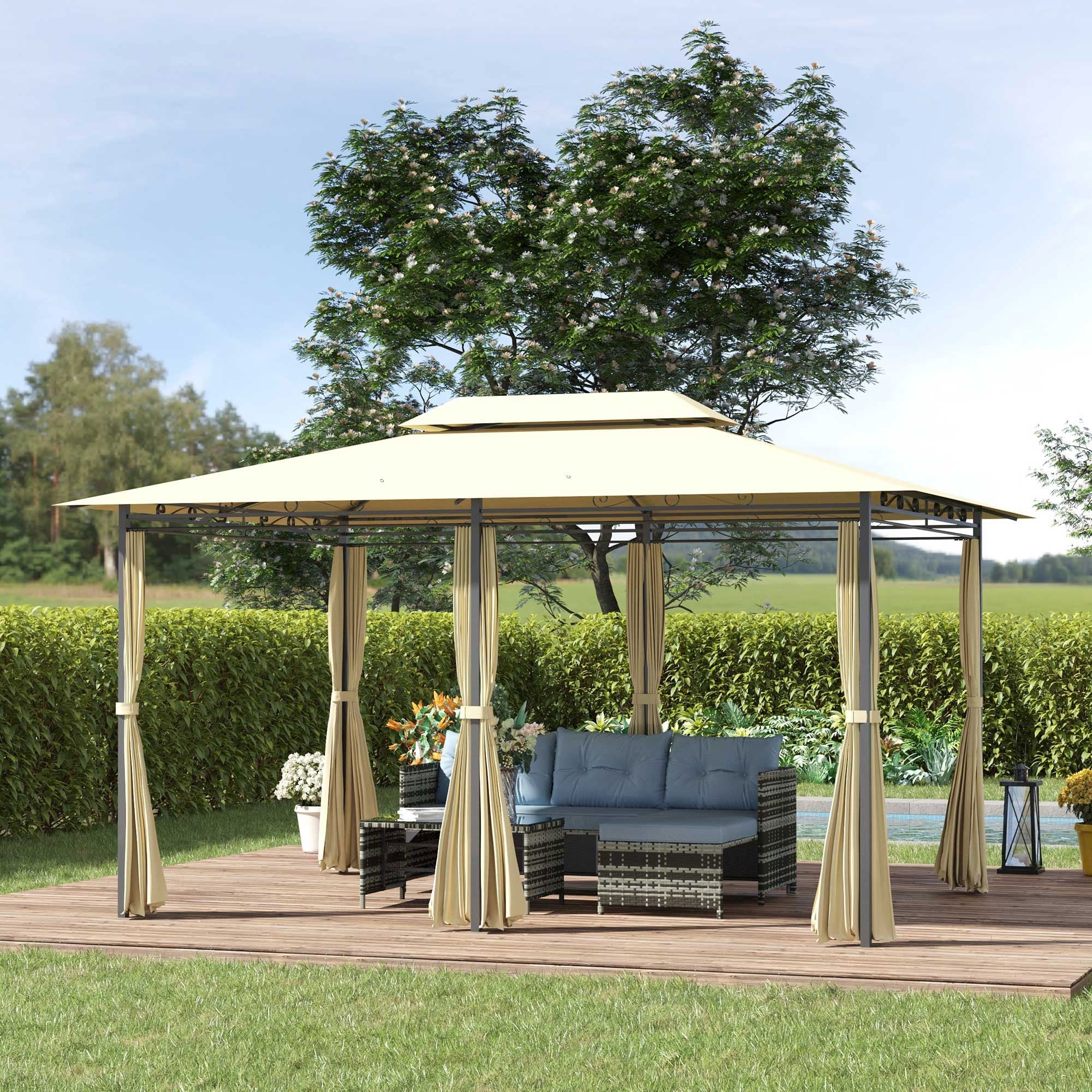 ROMA | 3x4m Garden Gazebo with Curtains and 2-Tier Roof Cream White - Borge' Group Limited