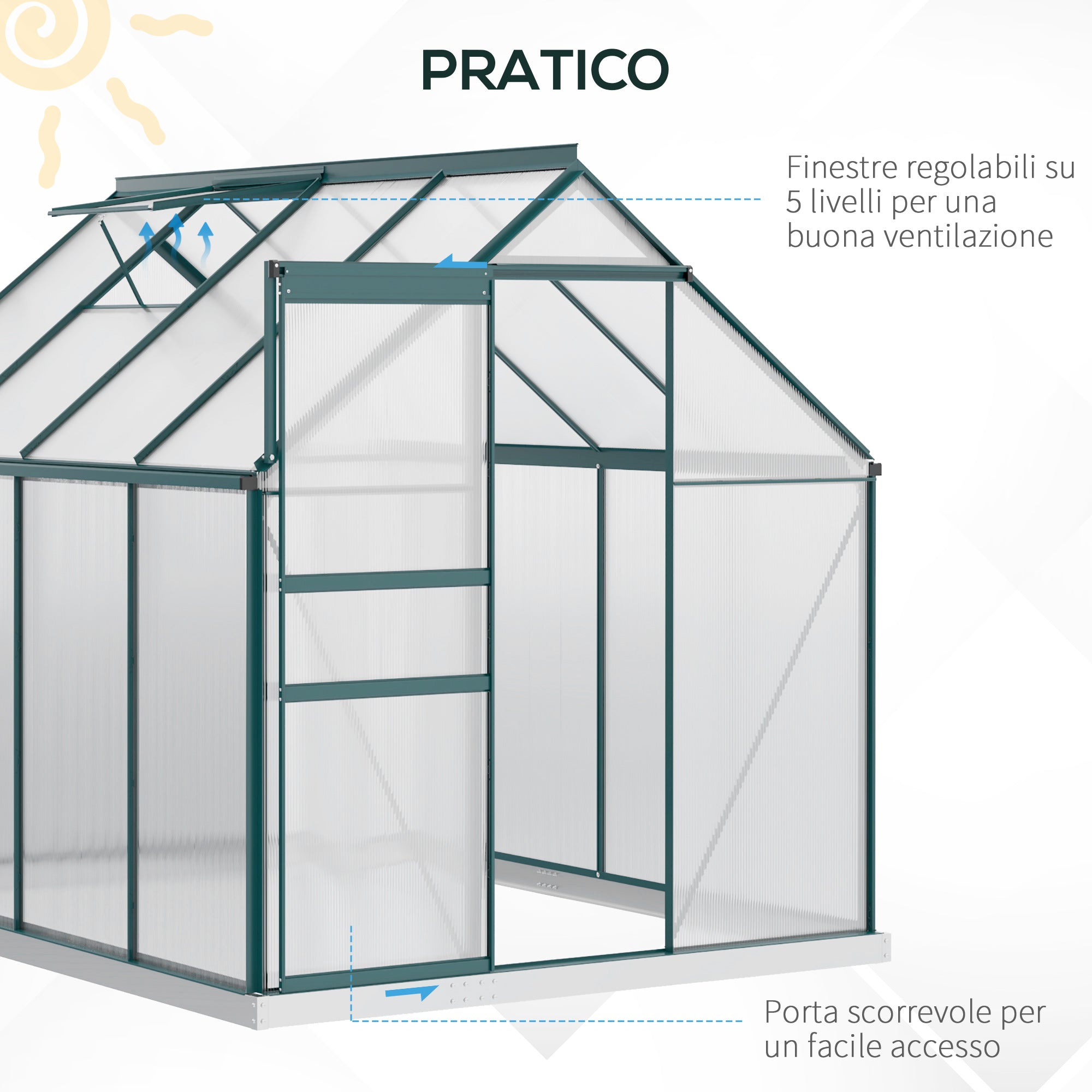 Garden Greenhouse in Polycarbonate, Metal and Aluminum, Anti-UV and Windproof, 190x253x199cm, Green - Borge' Group Limited