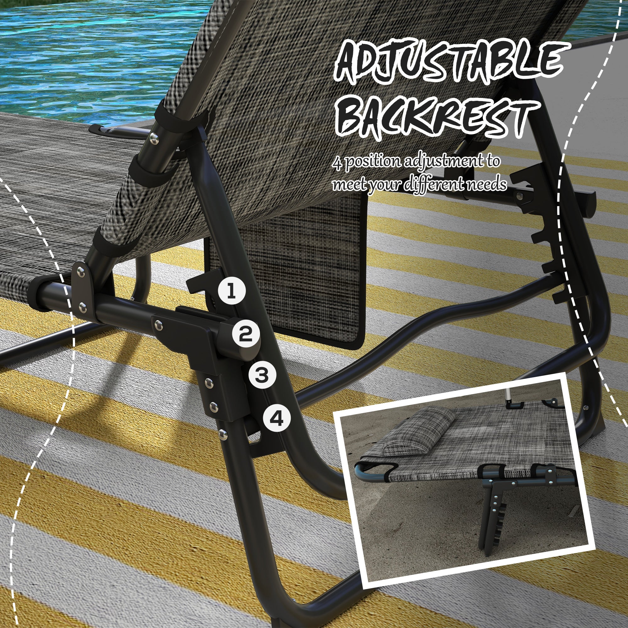 Outsunny folding garden bed and reclining with side pocket, 68x189x30 cm, black and gray - Borgè