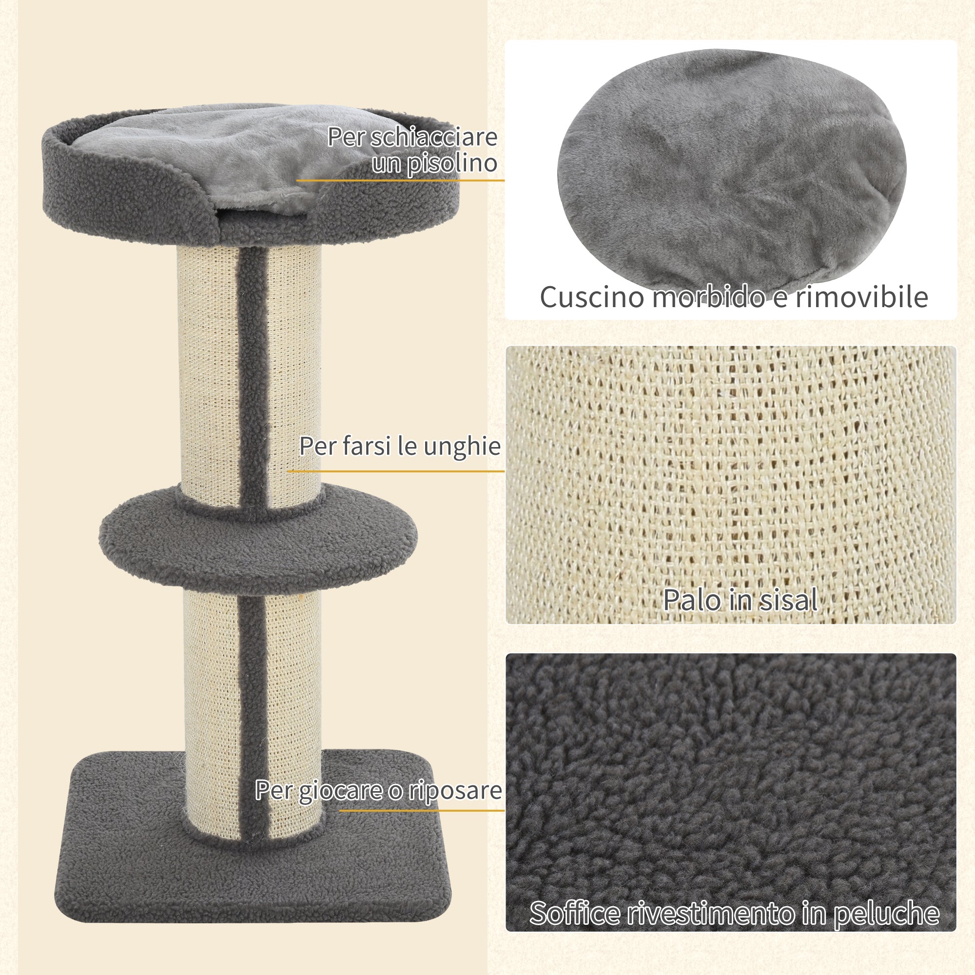 Cat Tree for cats with Scratch Pole and rope sisal - Grey - Borge' Group Limited