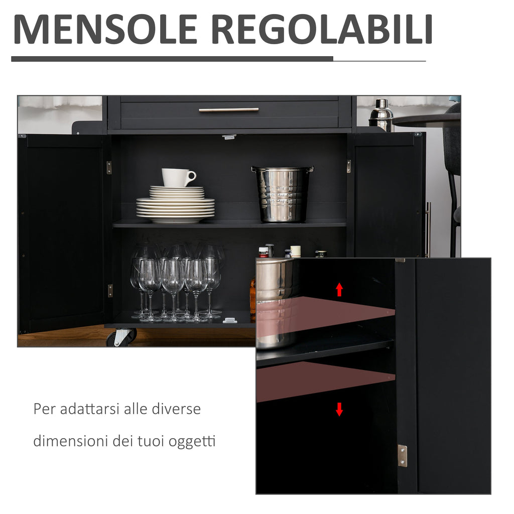 Kitchen Cart with drawer, door holders and locker, 4 wheels and wooden work surface, 109x40x89cm - Black - Borgè