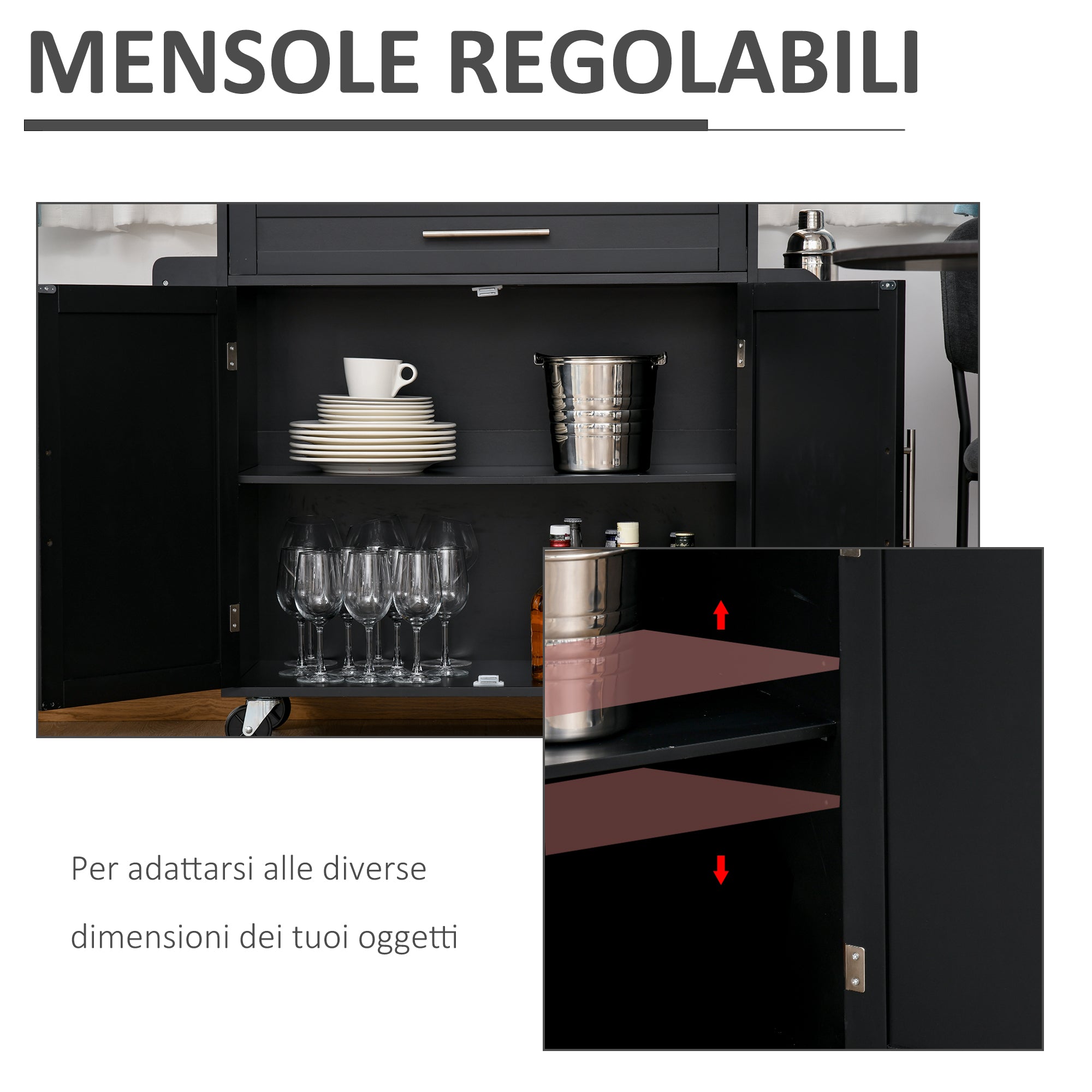 Kitchen Cart with drawer, door holders and locker, 4 wheels and wooden work surface, 109x40x89cm - Black - Borgè