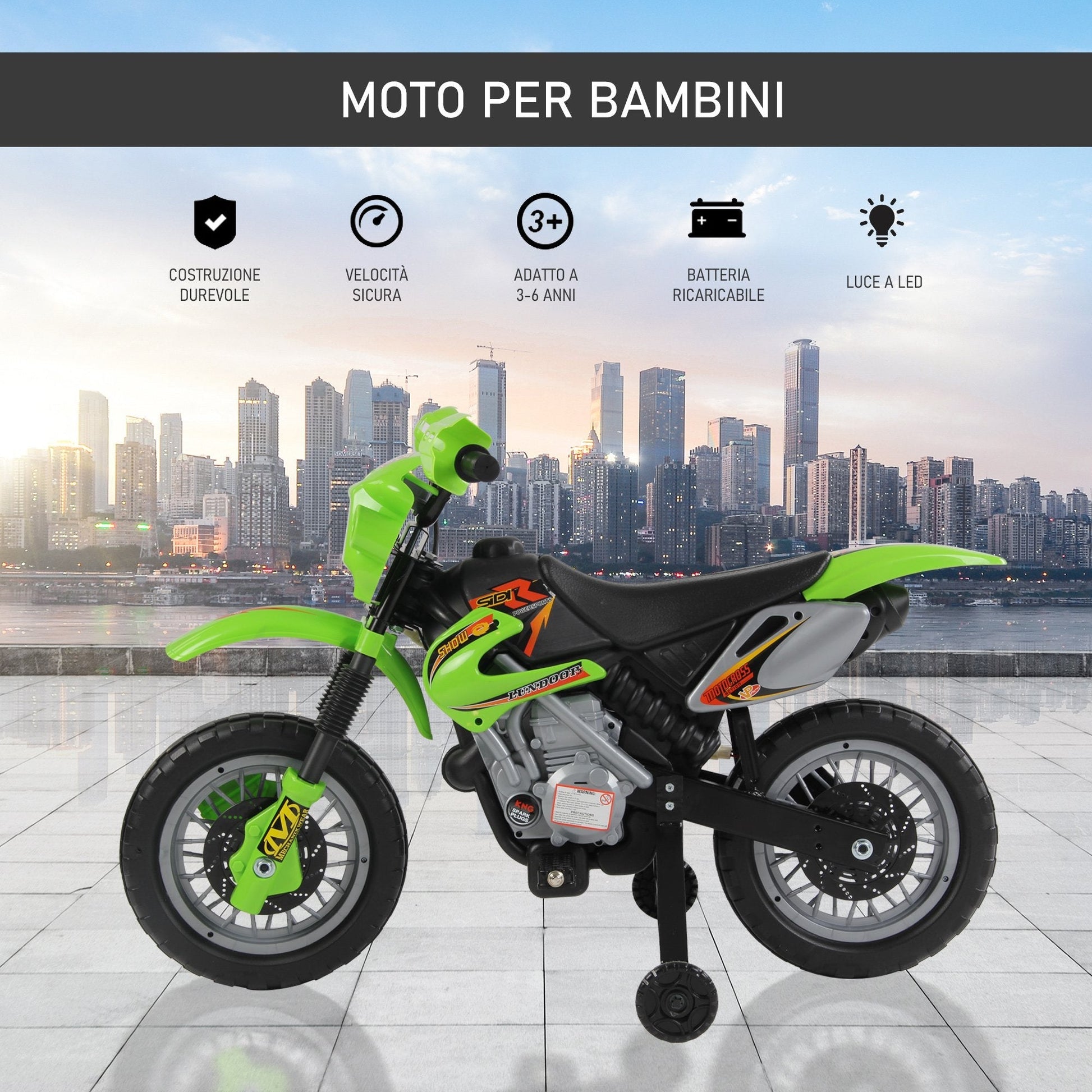 Moto Electric Cross with green wheels for children 3 years and more, 6v speed 6v 2.5km/h battery, 102 x 53 x 66cm - Borgè