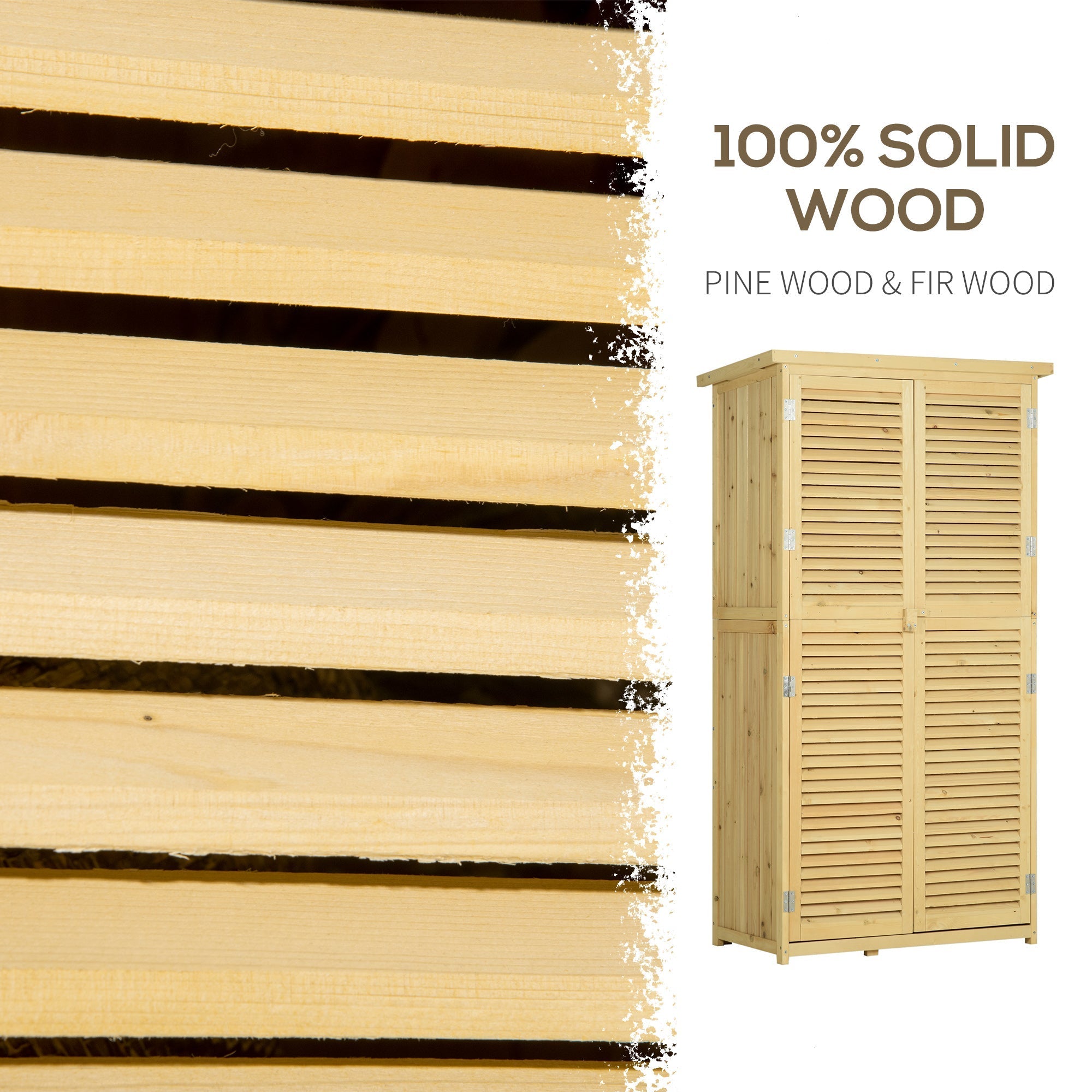 Fir and Pine Wood Garden Tool Shed with 4 Compartments, Outdoor Garden Tool Cabinet with Waterproof Roof, 87x46.5x160cm, Wood Color - Borge' Group Limited