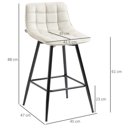 Set of 2 Nordic Style Bar Stools with Backrest and Footrest in Metal and Velvet, Cream, 45x47x84 cm - Borgè