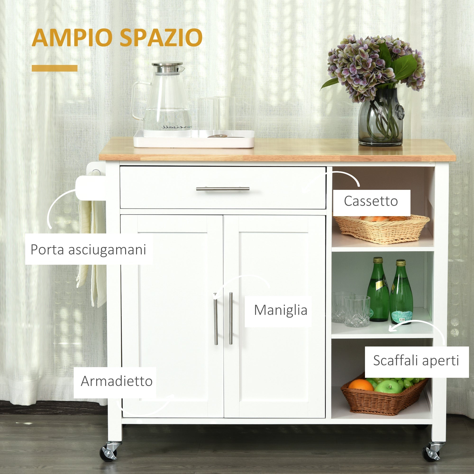 Kitchen Cart Wooden Wooden MDF wood with 1 drawer 1 locker 3 shelves and 4 wheels - Borgè