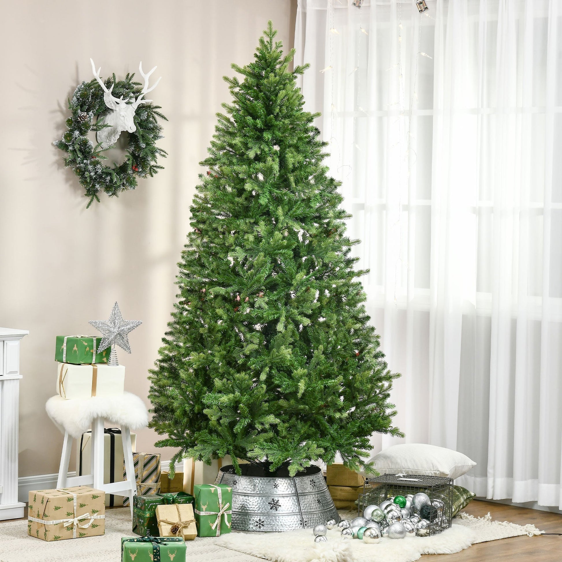 Christmas Tree with Metal Base | 228 cm Artificial Fireproof Christmas Tree for Indoors with 2056 Branches and Metal Base, Ø124x228 cm, Green - Borgè