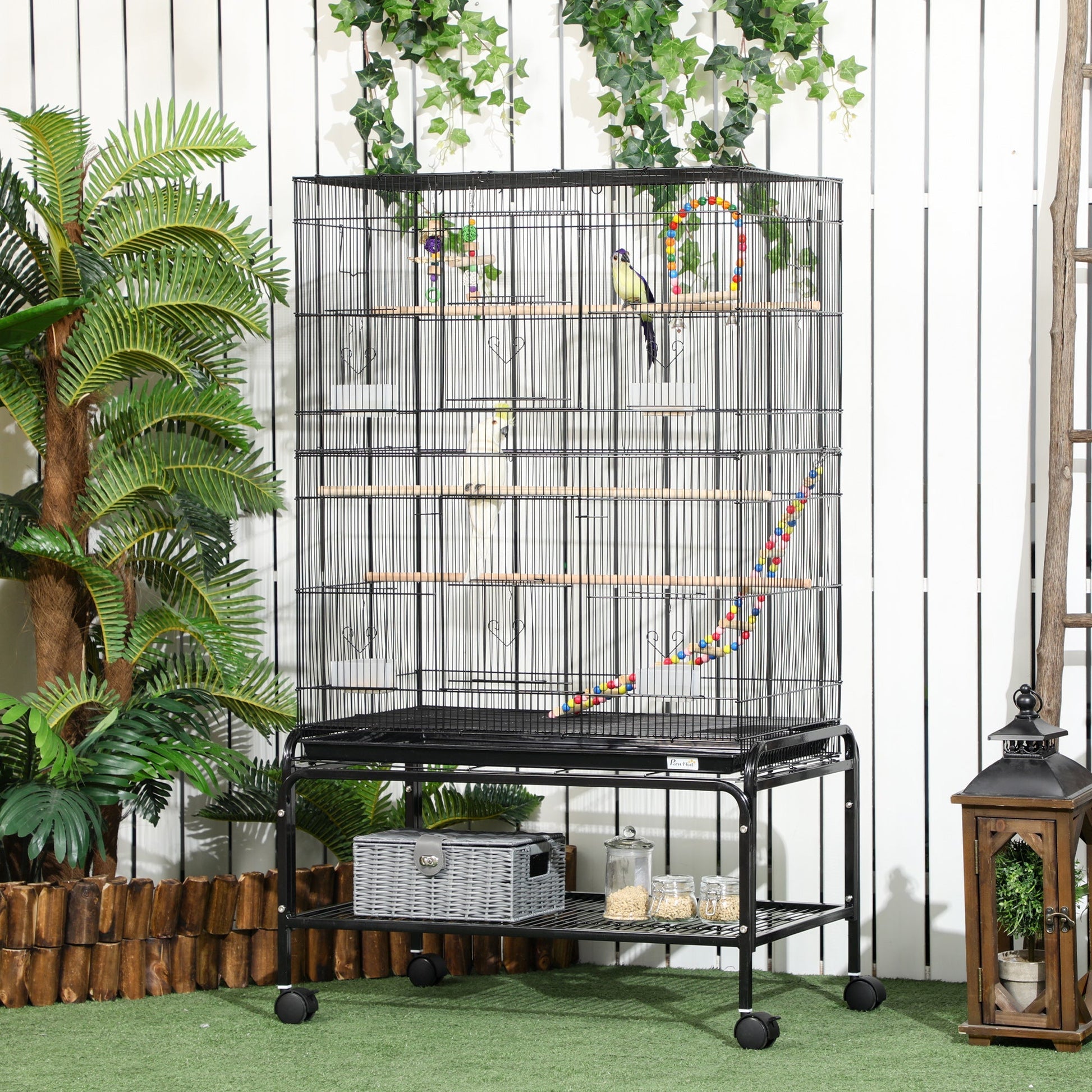 Steel Bird Cage with Perches, Toys, Food Containers and Tray, 79x49x133 cm, Black - Borgè