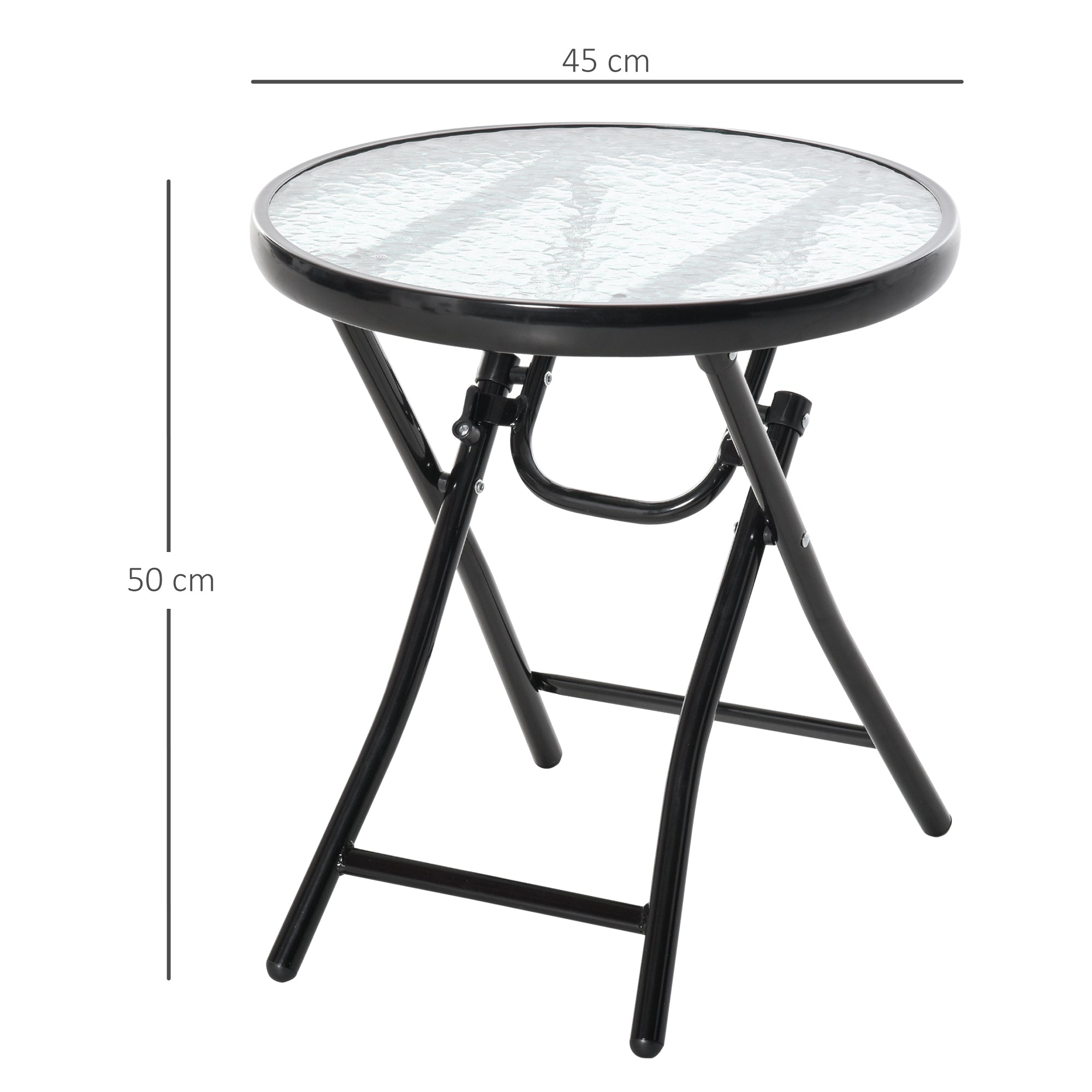Folding Metal Garden Table, Small Garden Table with Glass Top and Safety Lock, Φ45x50cm Black - Borge' Group Limited