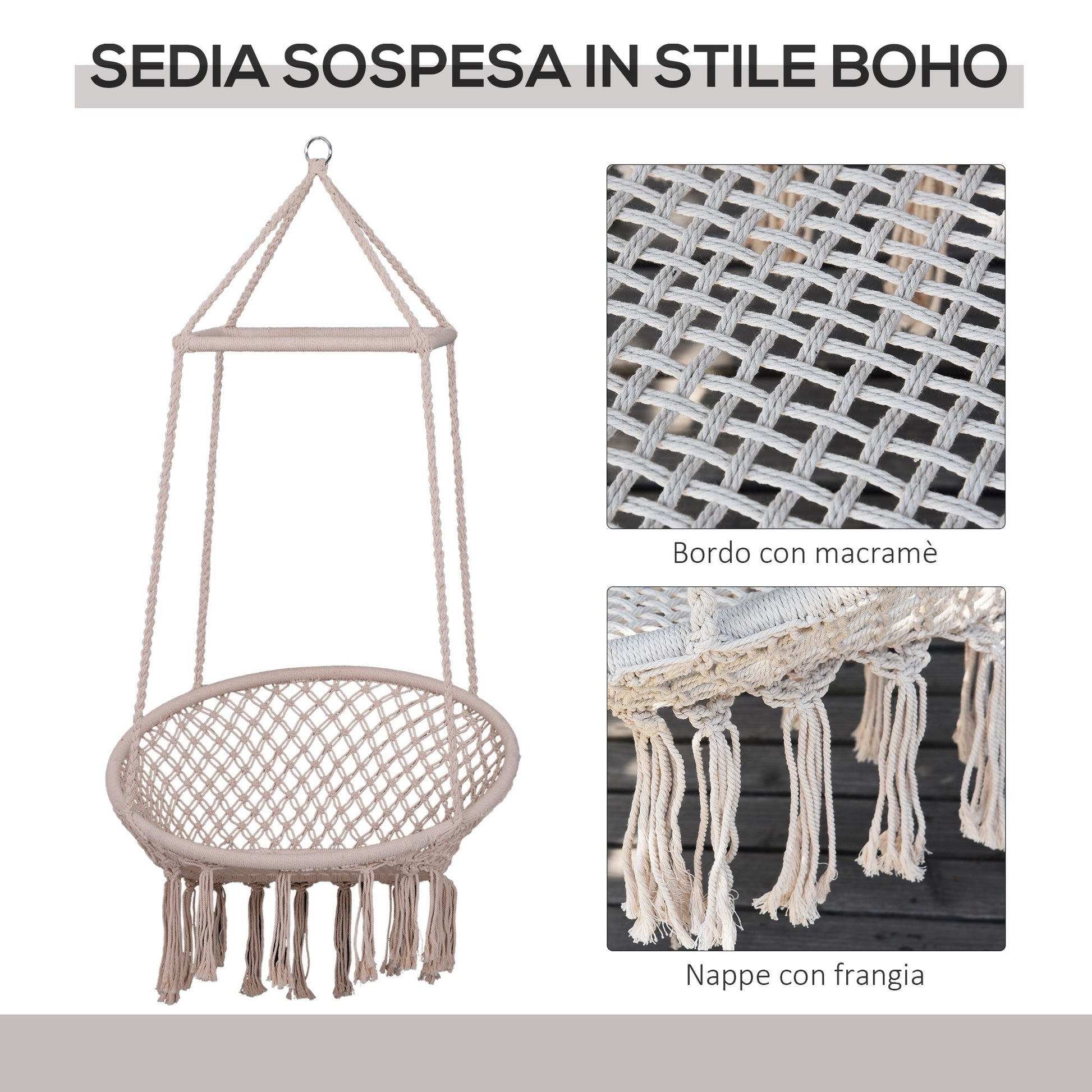 Outsunny Amaca chair suspended with wooden swing and cotton rope, beige, 80 x 140 cm - Borgè