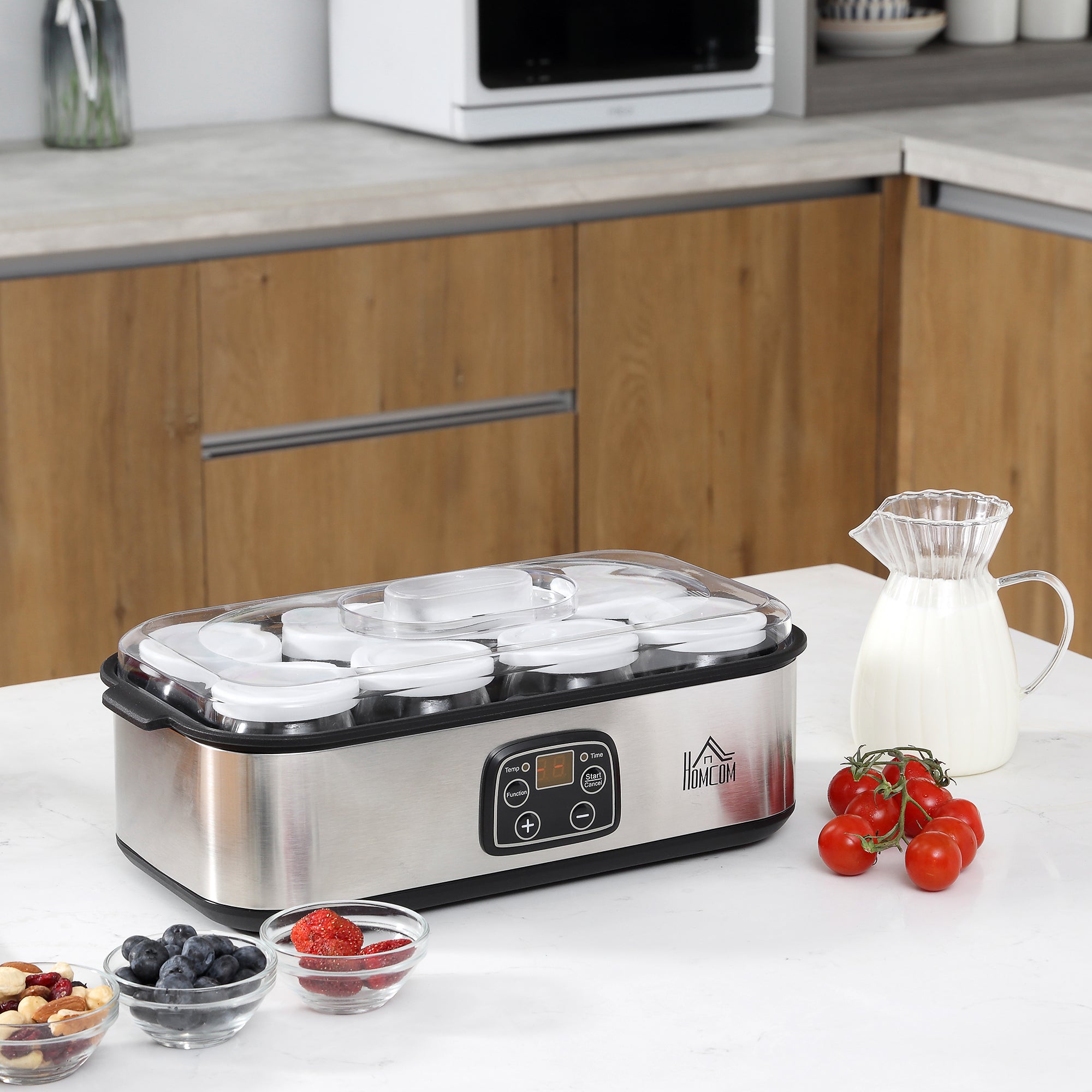 Electric Yogurt Maker with 8 Jars Included, Timer 1-48 Hours and Adjustable Temperature 20-50°C, 36x18.8x14cm, Silver - Borgè