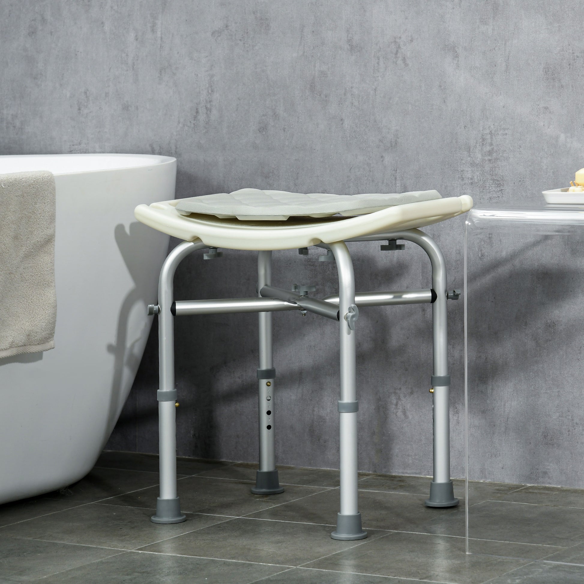 Homcom aluminum shower stool with adjustable height, pillow and non -slip feet, white - Borgè