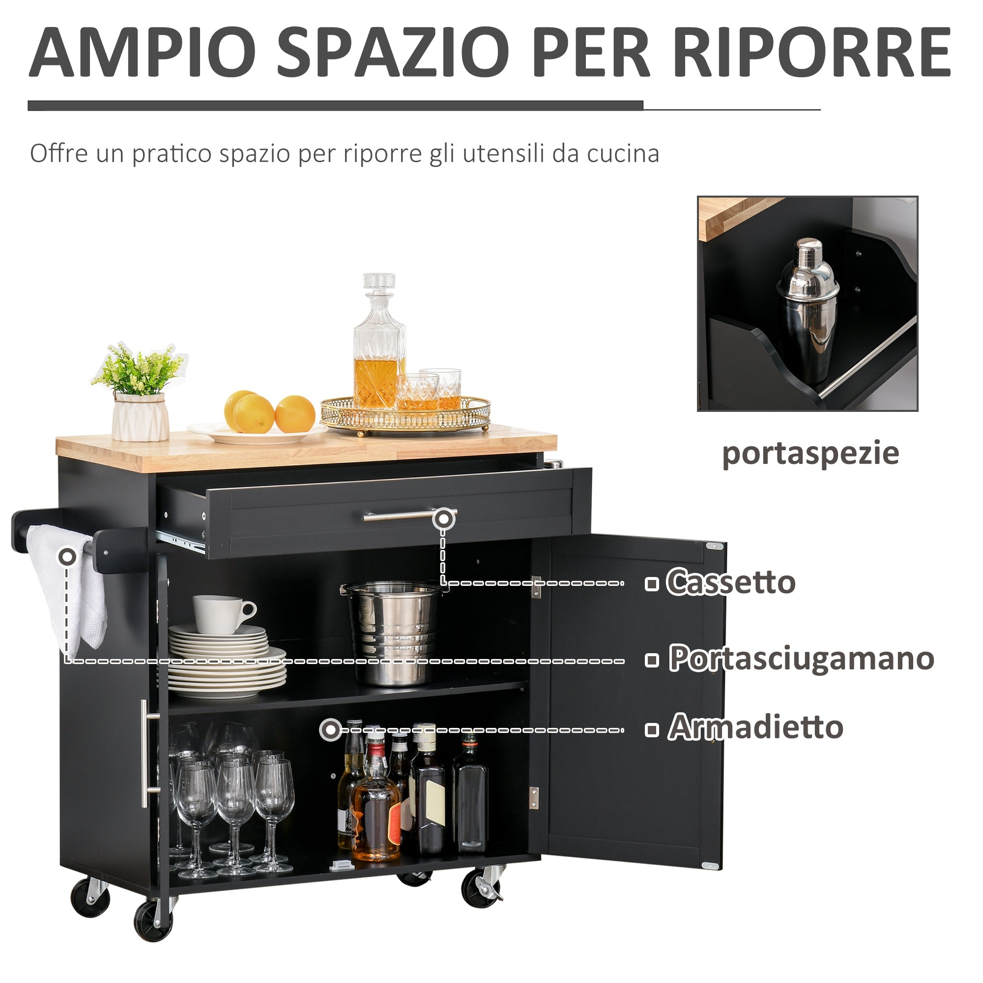 Kitchen Cart with drawer, door holders and locker, 4 wheels and wooden work surface, 109x40x89cm - Black - Borgè