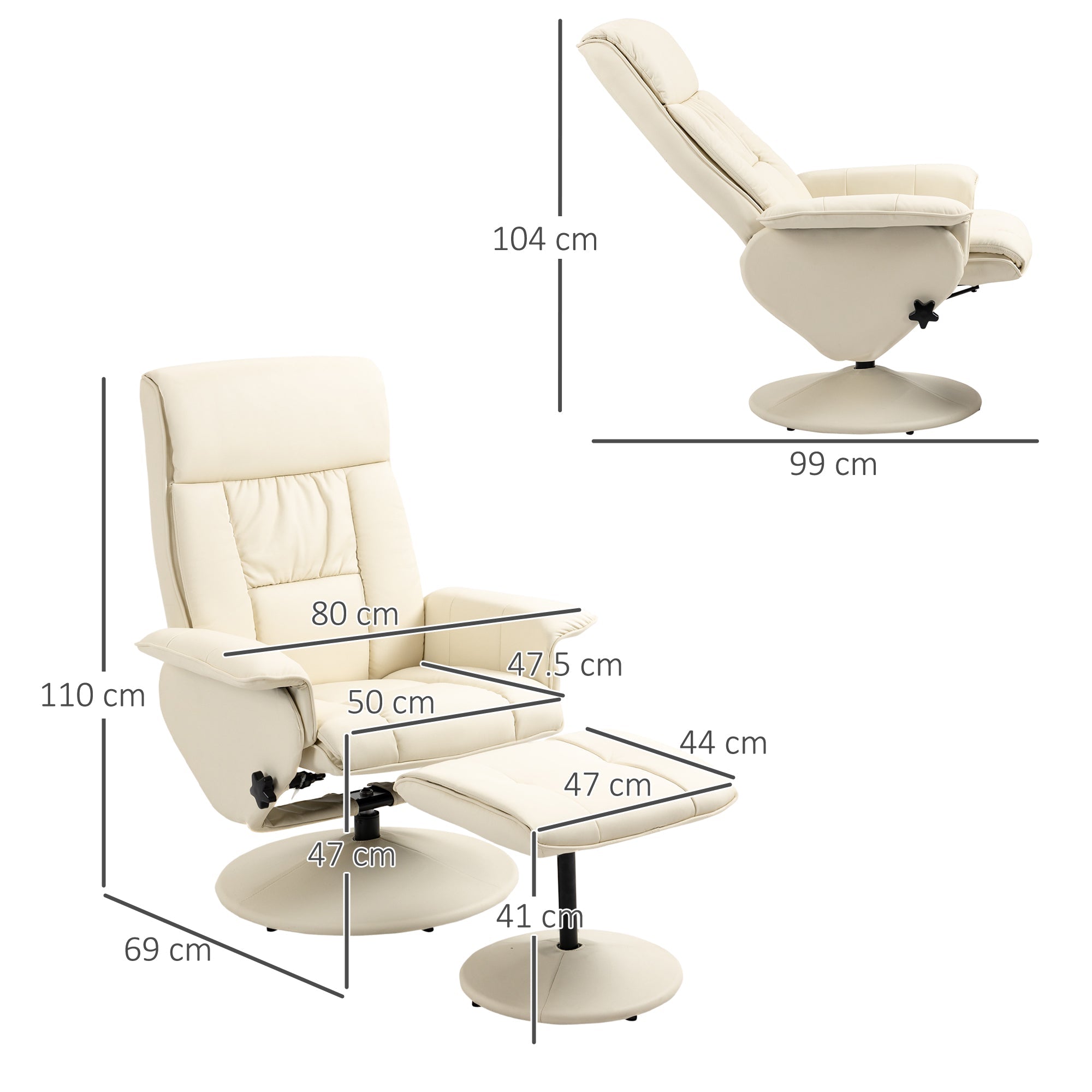 CREMA | Cream Armchair up to 135 ° with swivel seat and with footrests | 80x69x110cm - Borgè