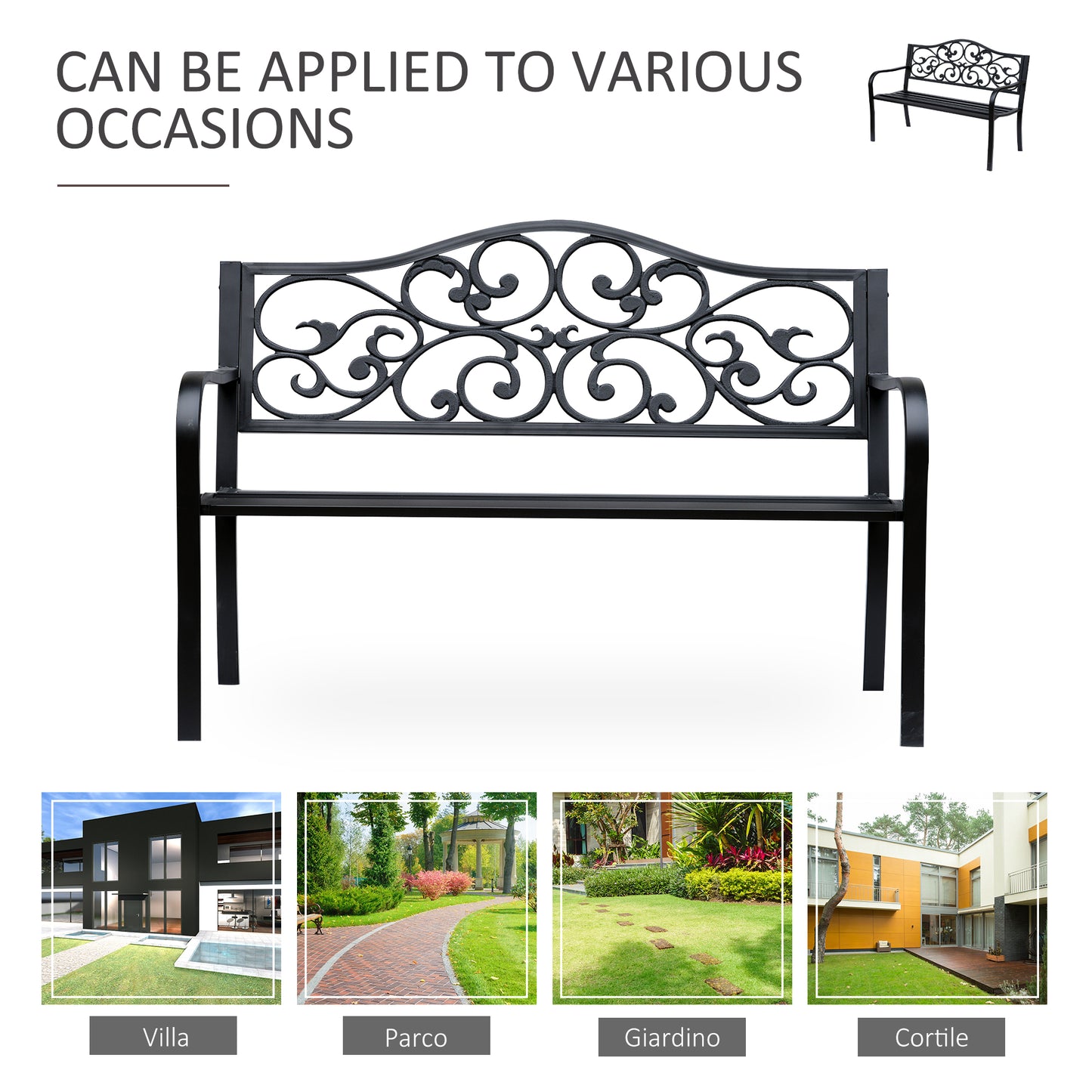 Outsunny Garden bench 2 seats with ice cast iron and metal backrest, 127x60x89cm, black - Borgè