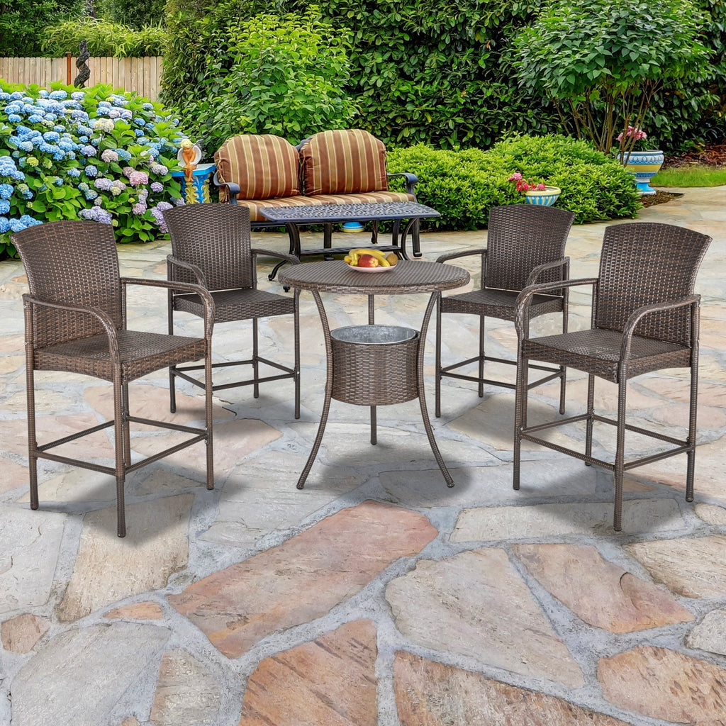 BUDAPEST |  5 Piece Garden Table and 4 High Chairs Set in Synthetic Rattan with Ice Bucket, Brown - Borge' Group Limited