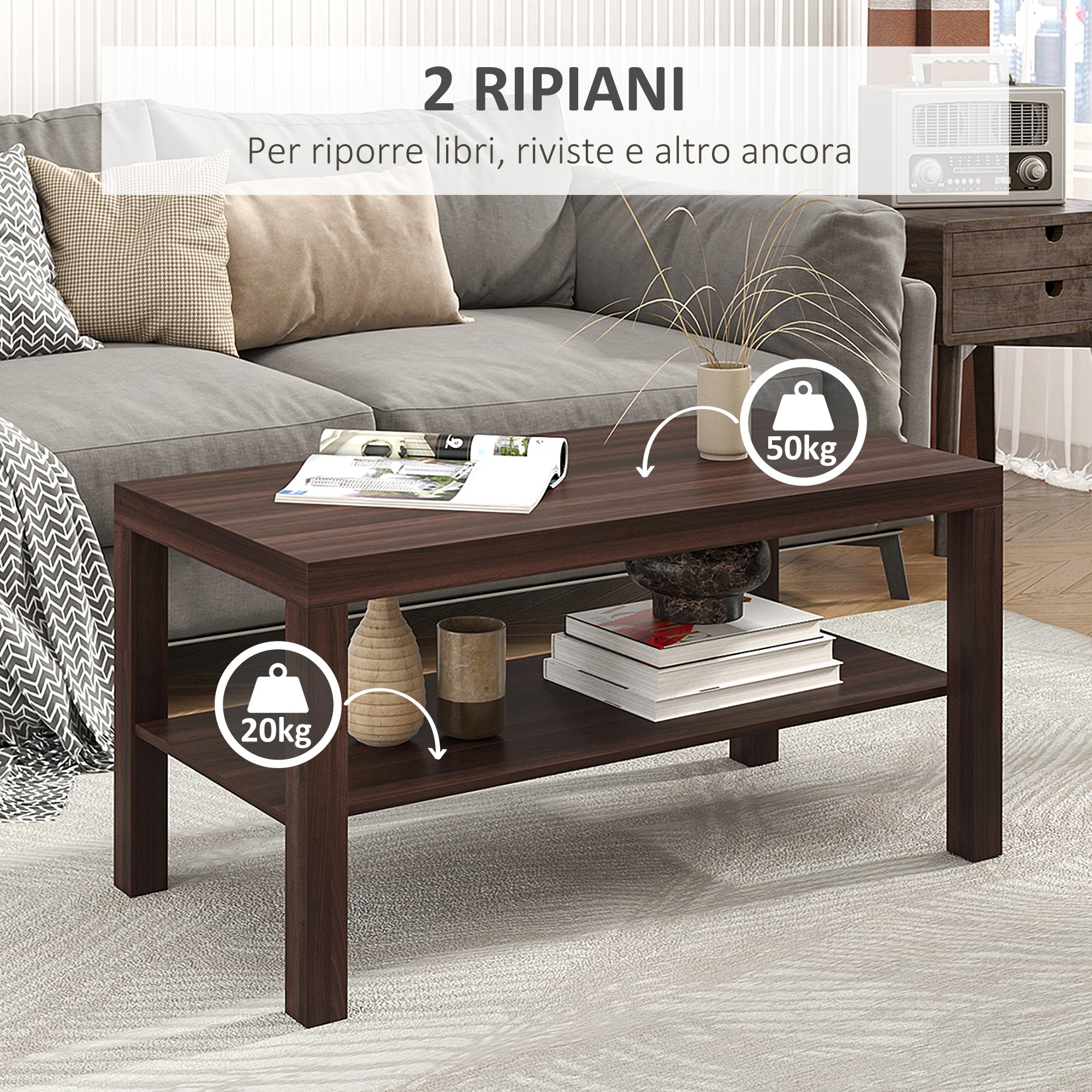 Homcom classic rectangular lounge table with wooden storage shelf 90 Ã— 45 Ã— 44.5cm - Borgè