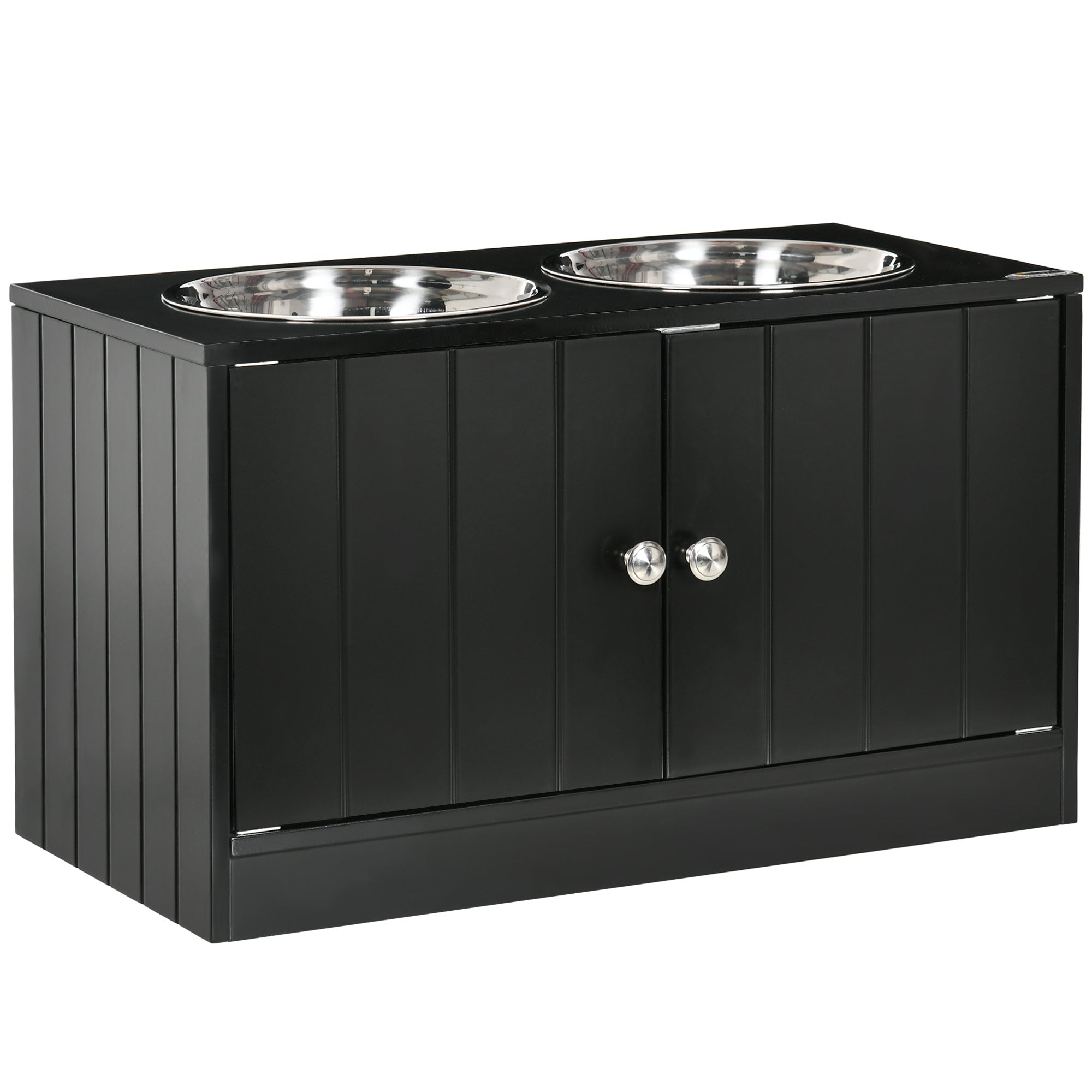 Raised Dog Bowl with Storage Compartment, 2 Removable Stainless Steel Bowls, 60x30x35.5cm, Black - Borge' Group Limited