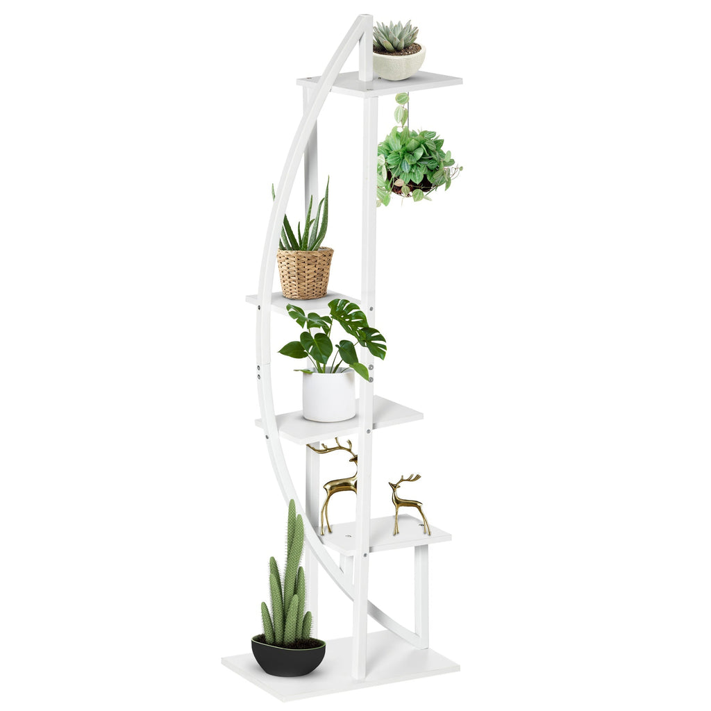 5-Tier Crescent-Shaped Indoor/Outdoor MDF and Steel Flower Stand, 50x30x160cm, White - Borge' Group Limited