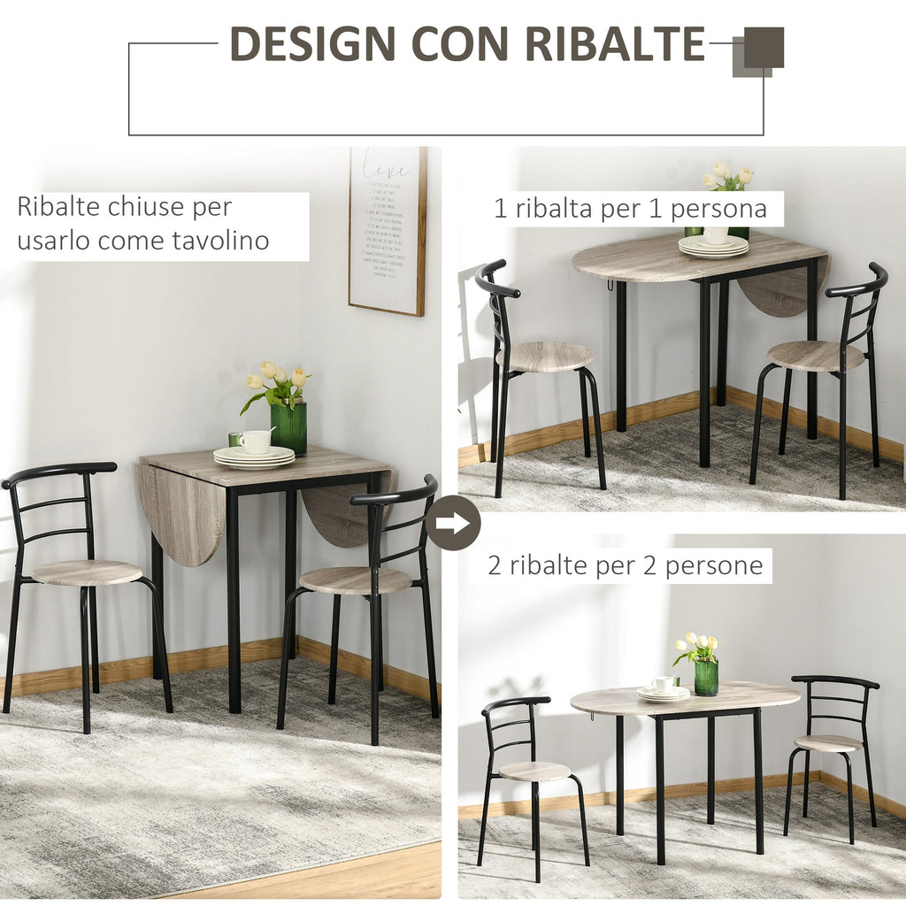 Set Dining 3 pieces with 2 chairs and 1 oval dining table in MDF and steel for limited spaces, wood color - Borgè