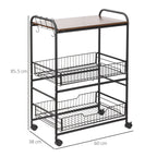 Kitchen Trolley Industrial Style spirits with 4 wheels, 2 baskets and 4 hooks, 60x38x85.5cm - brown/black - Borgè