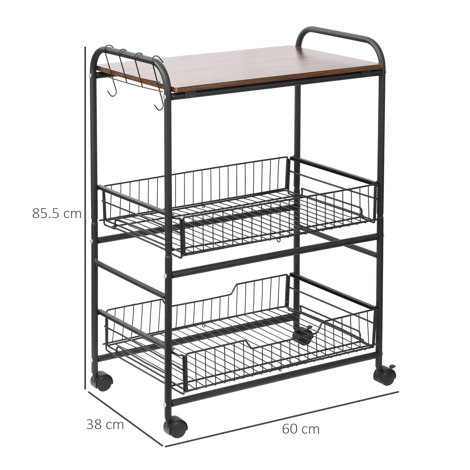 Kitchen Trolley Industrial Style spirits with 4 wheels, 2 baskets and 4 hooks, 60x38x85.5cm - brown/black - Borgè