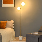 ground lamp with 2 sphere lampshades and pedal switch, 35x35x165cm, gold and white - Borgè