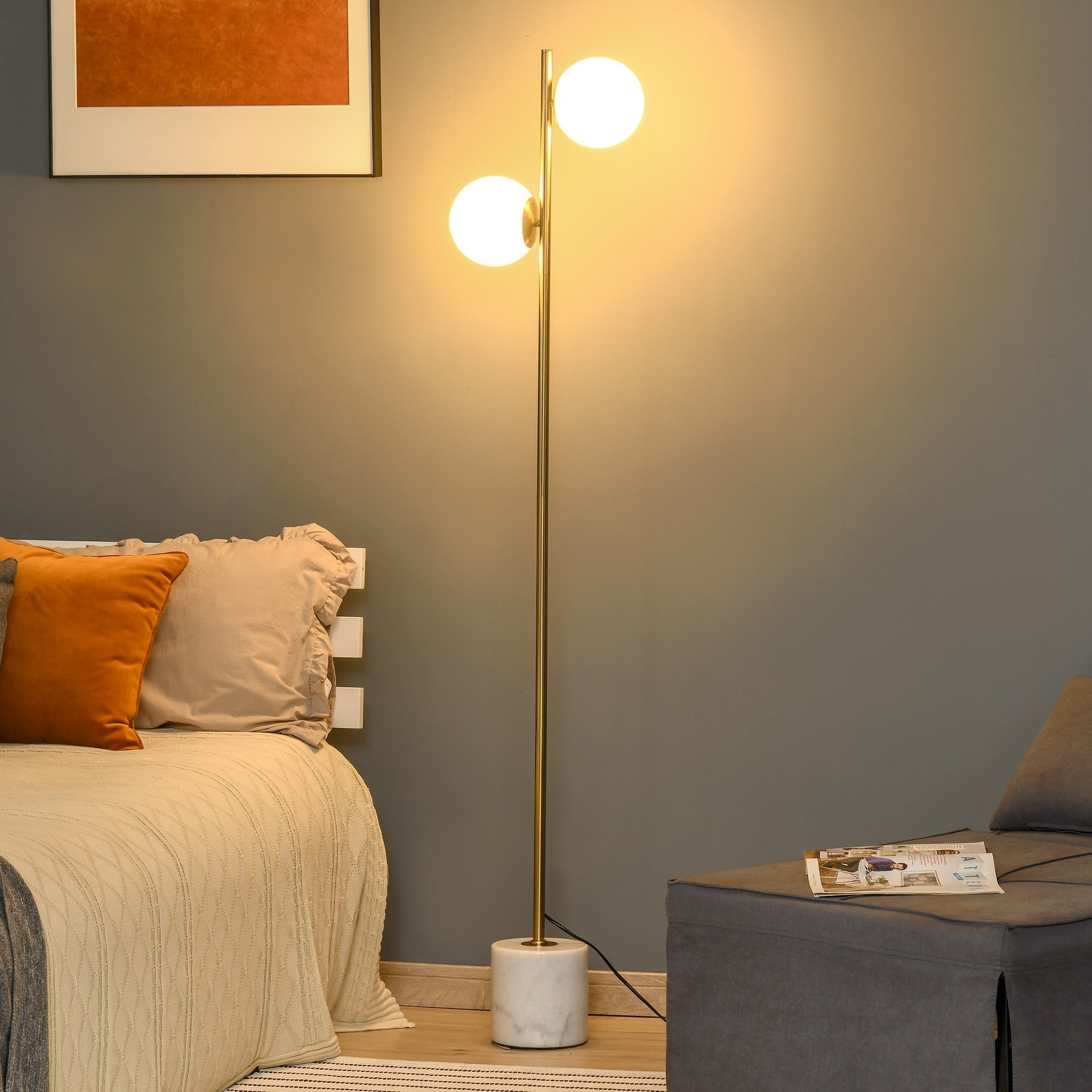 ground lamp with 2 sphere lampshades and pedal switch, 35x35x165cm, gold and white - Borgè