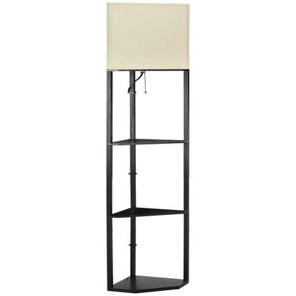 Black Corner Modern Ground Lamp with Shelves and Beige lampshade in fabric | 50x37x159cm