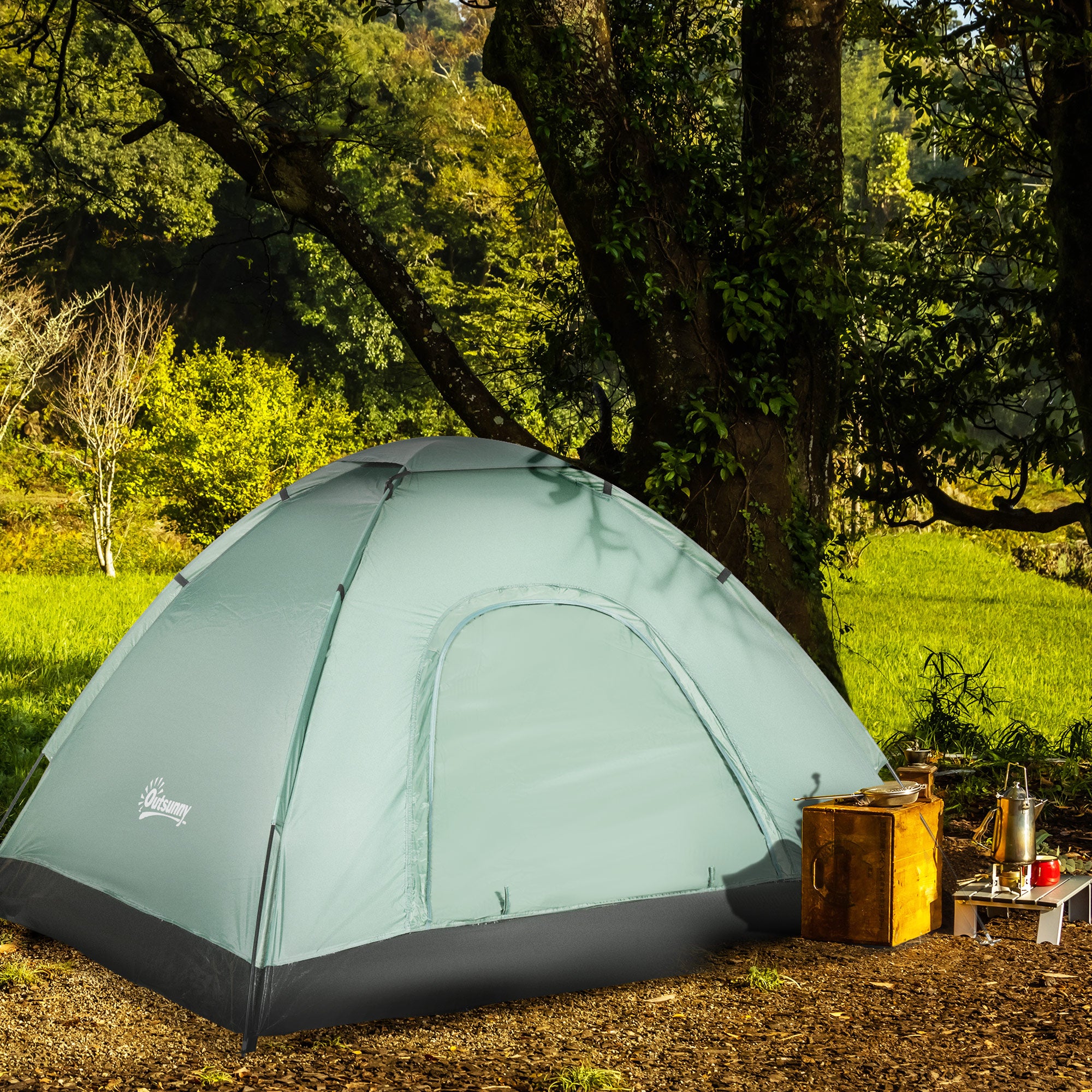 Outsunny 2 -seater camping curtain with hinge door, mosquito net and transport bag, 206x185x120cm, green - Borgè