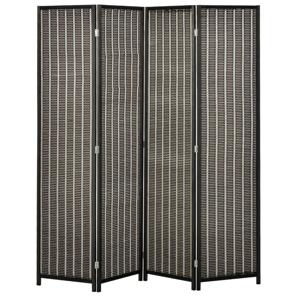 Indoor Room Divider, 4-Panel Folding Screen, Wooden and Bamboo Room Divider, 180x180x1.9cm, Black and Brown - Borgè