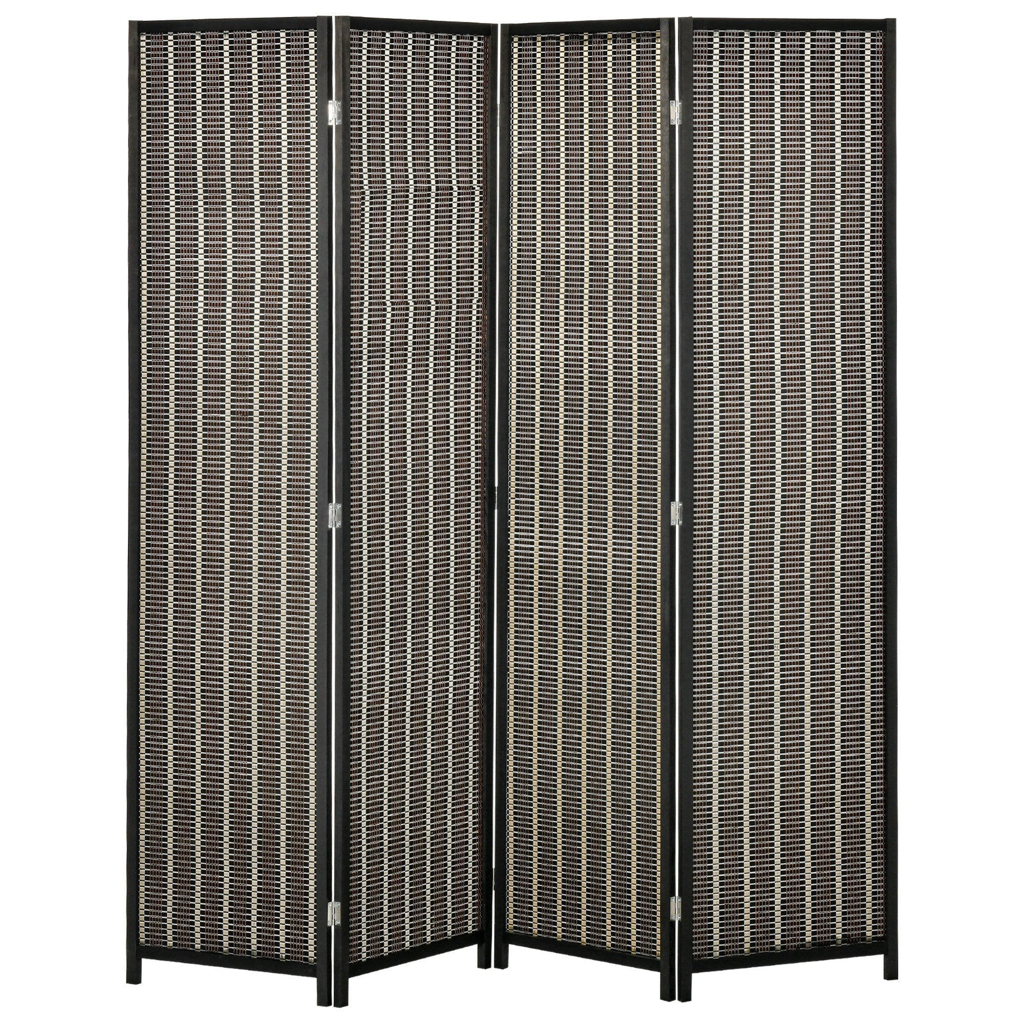 Indoor Room Divider, 4-Panel Folding Screen, Wooden and Bamboo Room Divider, 180x180x1.9cm, Black and Brown - Borgè