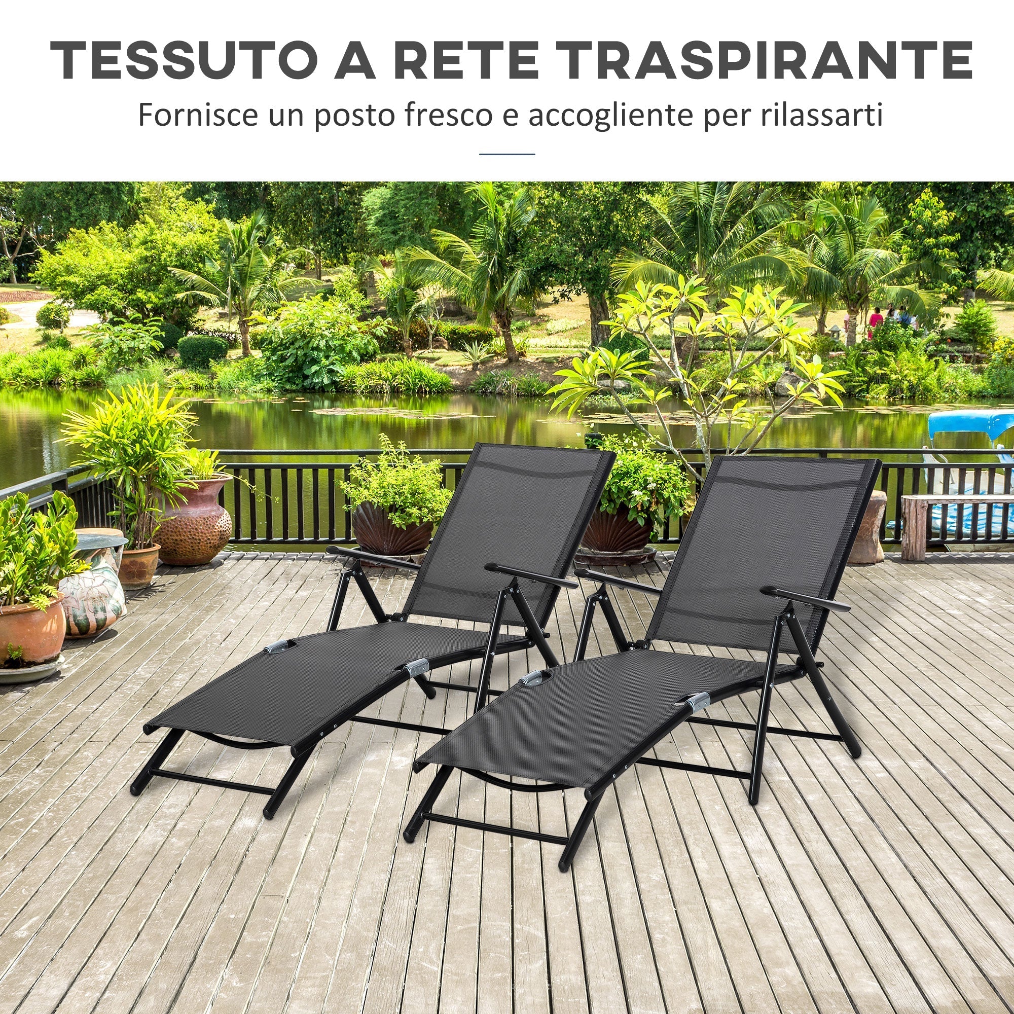 Oustunny set 2 folding garden deckchair with adjustable backrest, 64x134x95cm, black - Borge' Group Limited