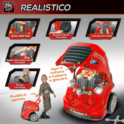 Homcom Toy Truck Officina with engine and 61 children's accessories 3-5 years, wheels and handle, 40x39x47cm - red - Borgè