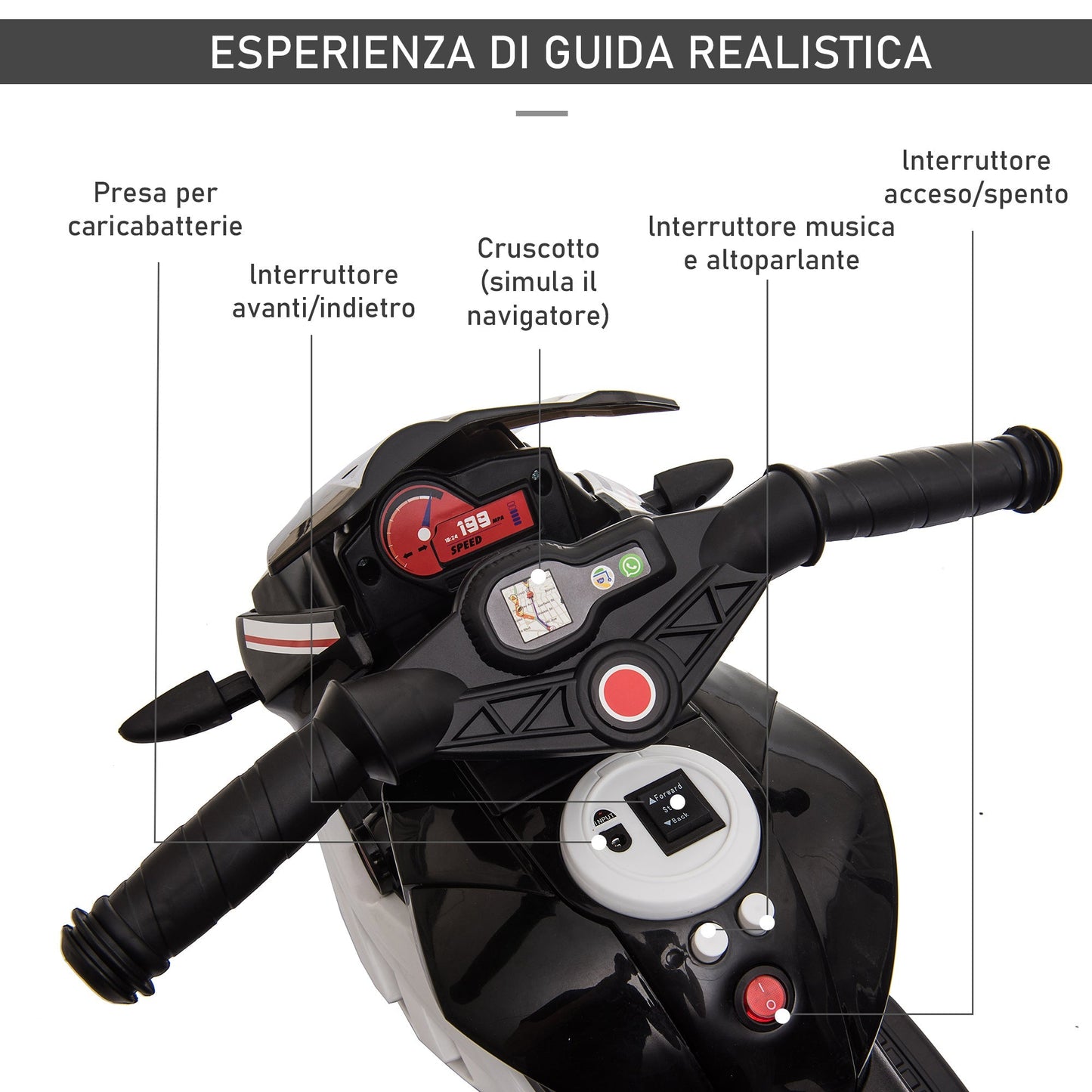 electric motorcycle for children 3-5 years max. 25kg with lights, music, 6V battery and 3km/h speed, 86cmx42cmx52cm black - Borgè