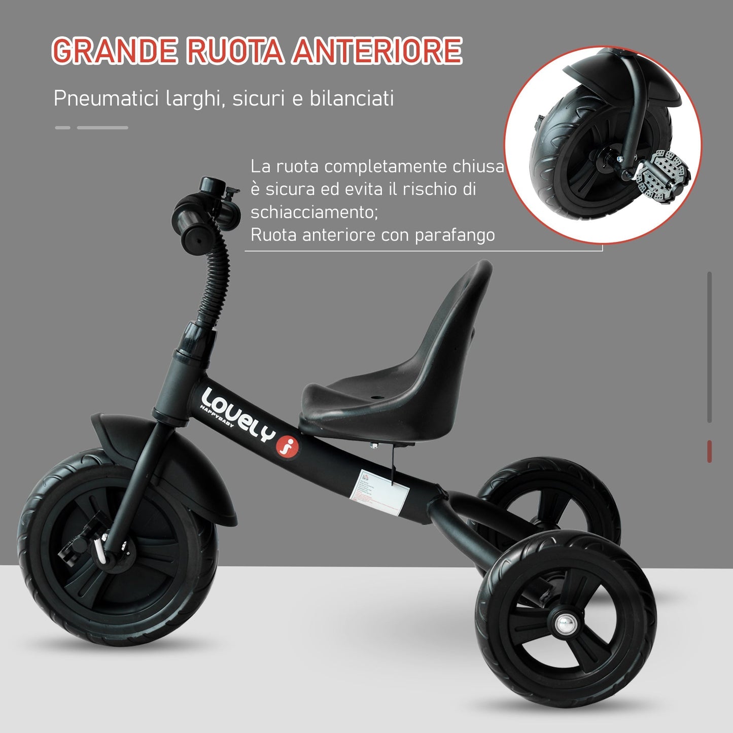 metal tricycle with bell, mudguard, special wheel, black - Borgè