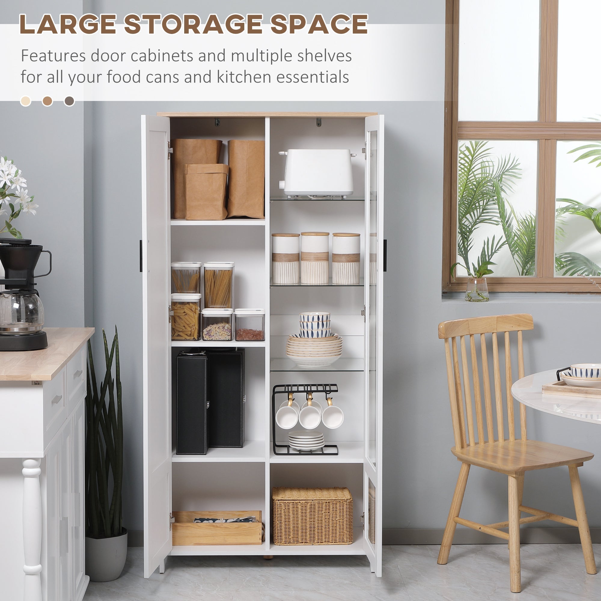 Modern Care of 2 Doors with adjustable shelves in wood and glass, 76x36x160cm, white - Borgè