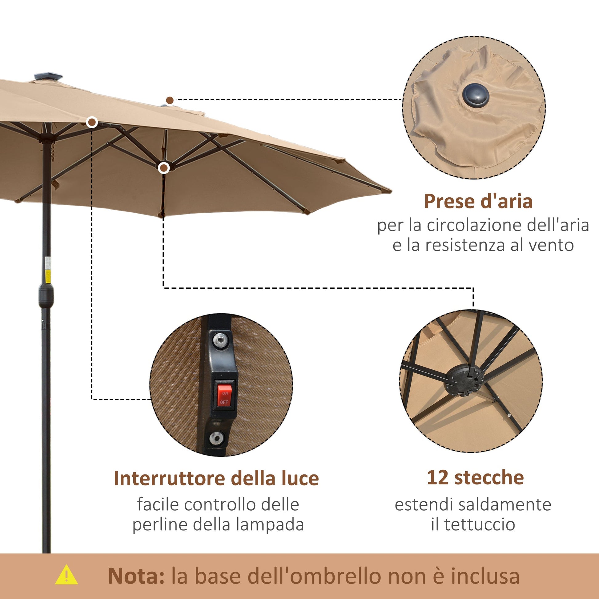 Double Garden Umbrella | 4.5m with 48 LED lights and Crank - Borgè