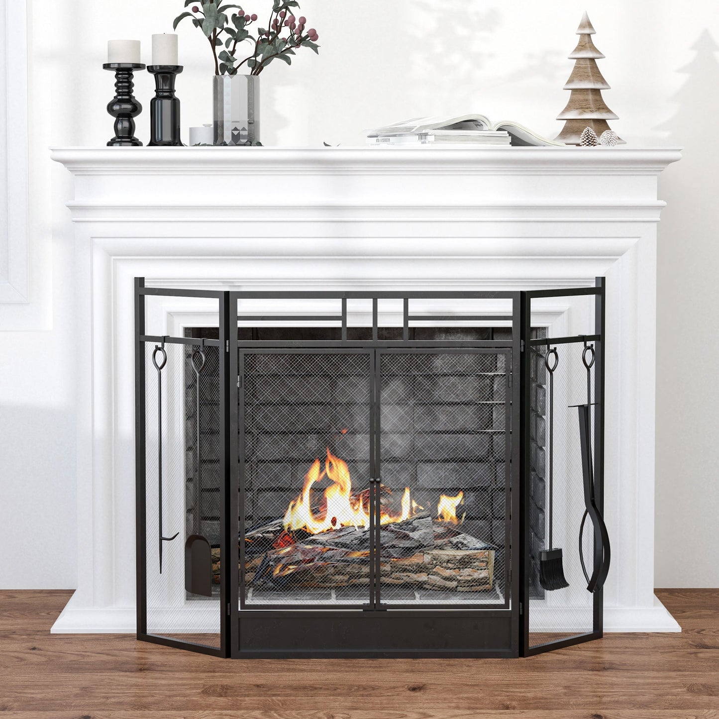 Modern Fireplace Parascintille, Folding Parafuoco with 2 metal doors - Black