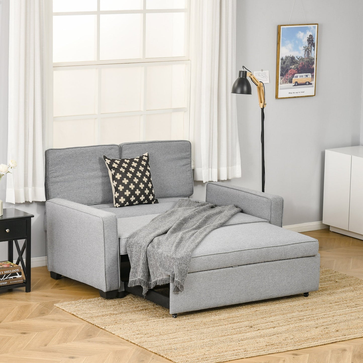 Sofa Bed at 1 Fabric square, 2 seater seat and back to 3 reclinations, 154x87x89cm - Grey - Borgè