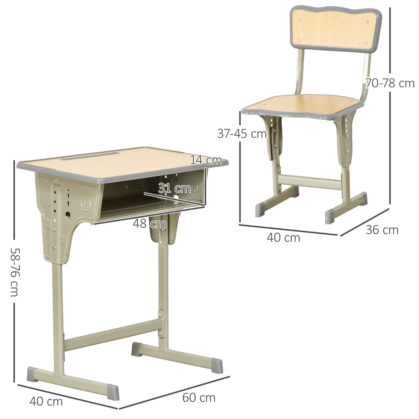 School desk with children's chair 6-12 years adjustable height container and carpels - wood - Borgè