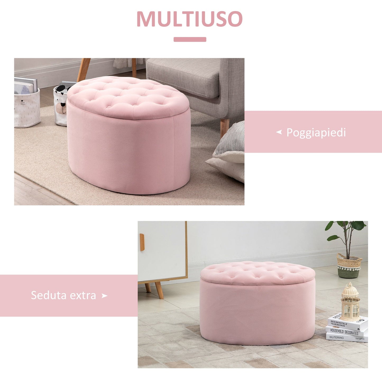 Pouf Padded oval container and velvet quilt, 71x52x42cm, Rosa - Borgè