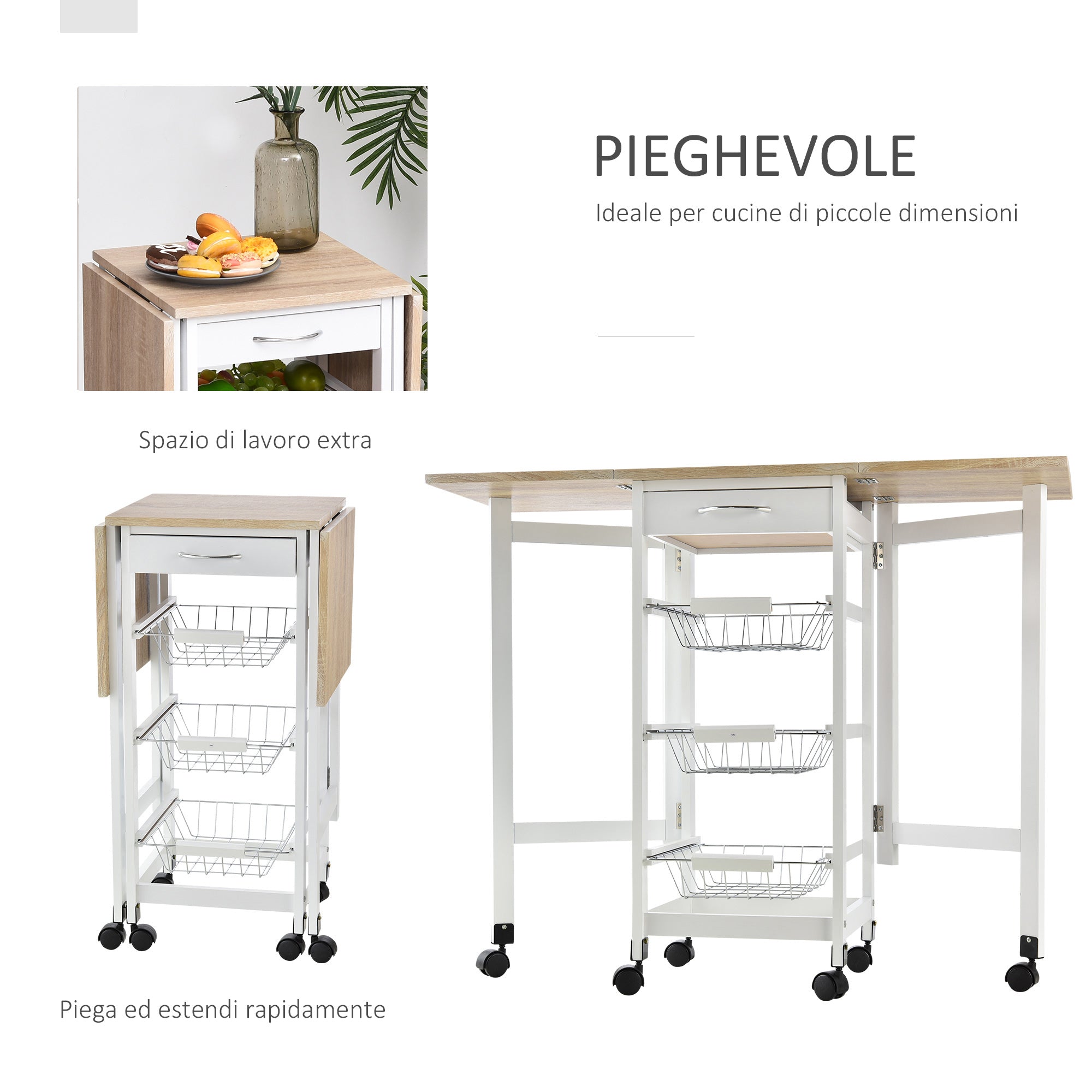 kitchen trolley with 3 baskets, drawer and flaps, 6 swivel wheels, in MDF and metal, 37x37x77.5cm, white and wood - Borgè