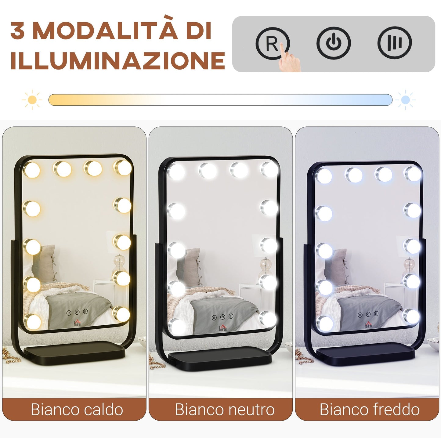 Illuminated make -up mirror inclinable with 12 LED lights and adjustable brightness, 32.8LX11x47.4cm - Borgè