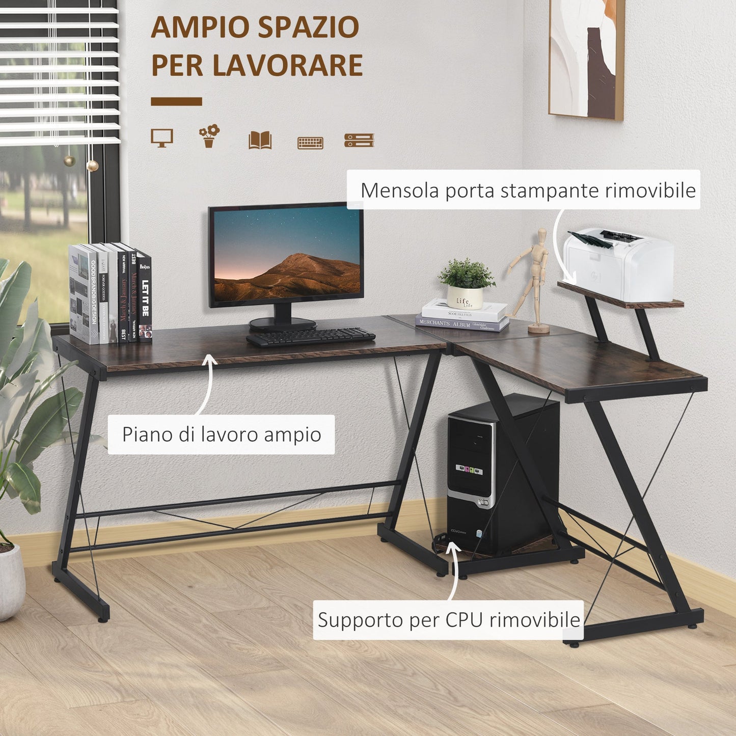 Reversible angular desk for computer and PCs in industrial style, for office or room, in wood 155x115x91.5cm - Borgè