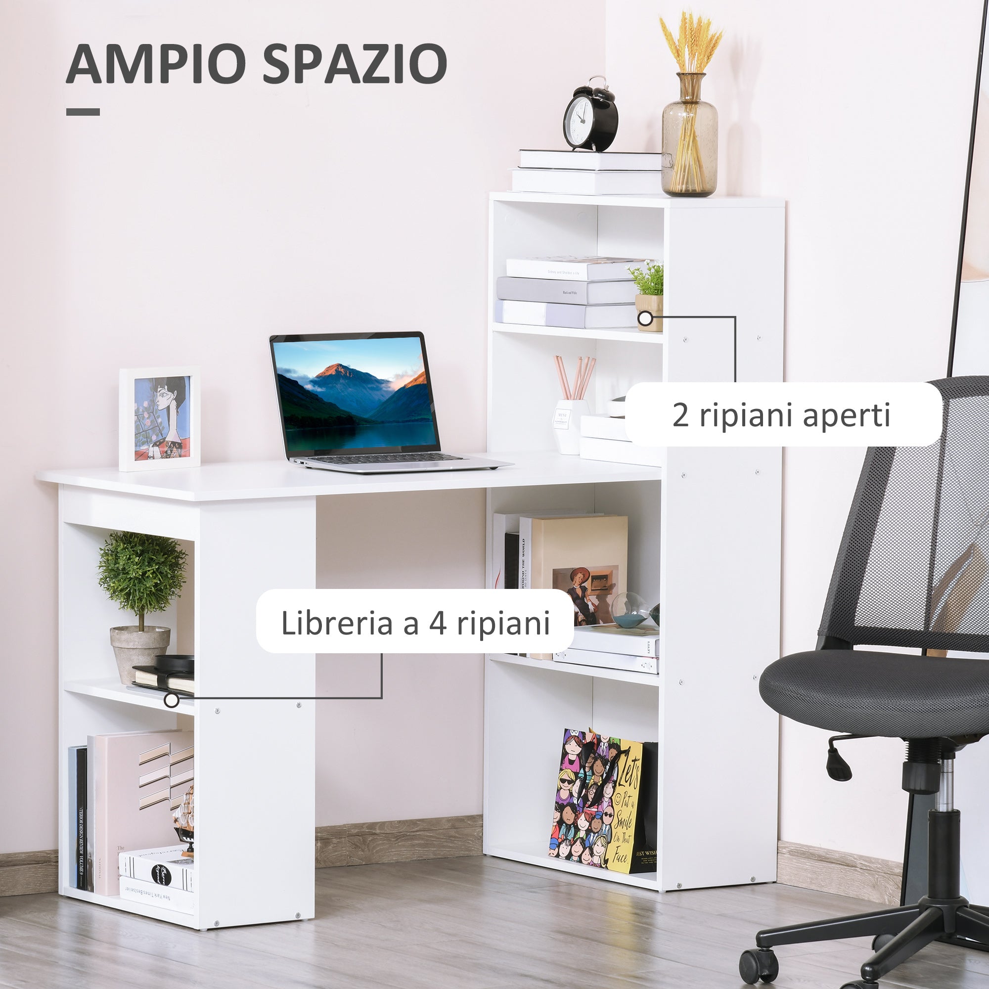 Desk Computer with Space Bookshop, Dining Table For Office and Study, 120x55x120 cm, White - Borgè