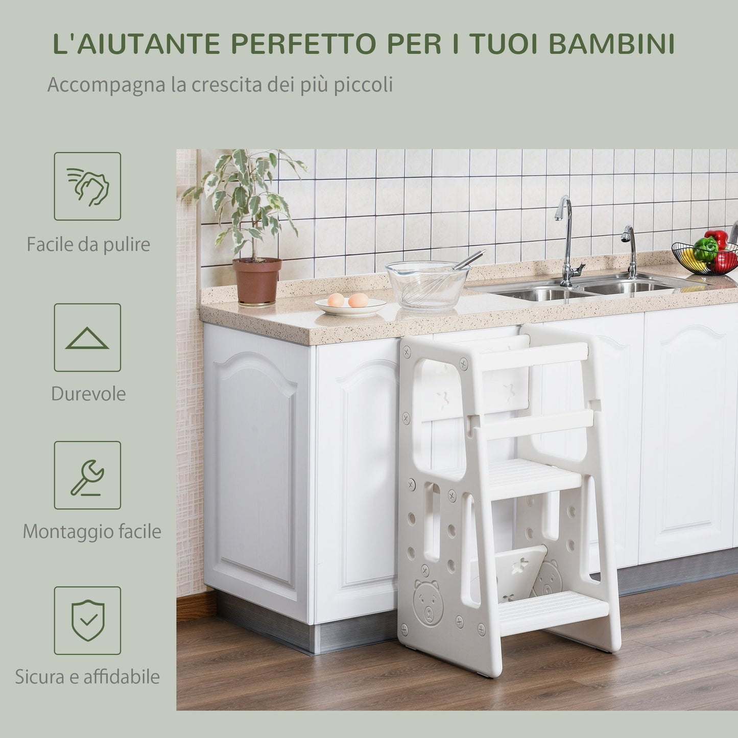 Scaletta for children Torre Montessoriana adjustable height 3 levels, odor HDPE, 47x47x90cm, white - Borgè